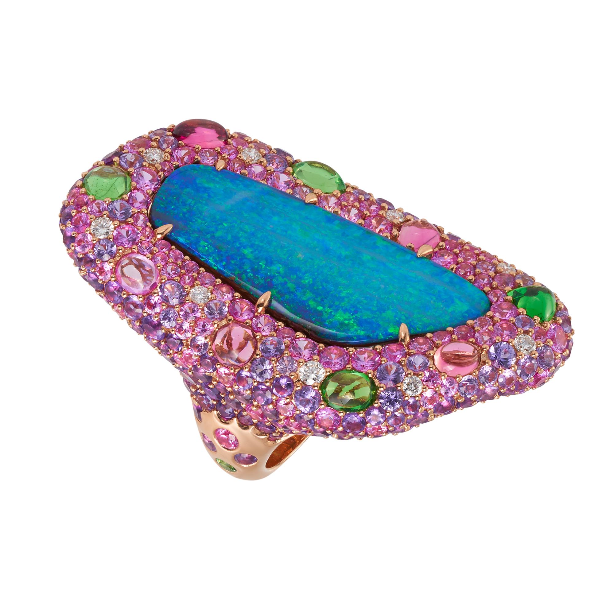 18karat Rose Gold Opal Ring, featuring a 14.10ct Natural Queensland Boulder Opal, surrounded by diamonds 0.25ct, pink sapphires 3.66cts, purple sapphire 1.88cts, tsavorites 1.31cts, amethyst 4.84cts, pink tourmaline 0.98ct and rhodolite 1.64cts. 