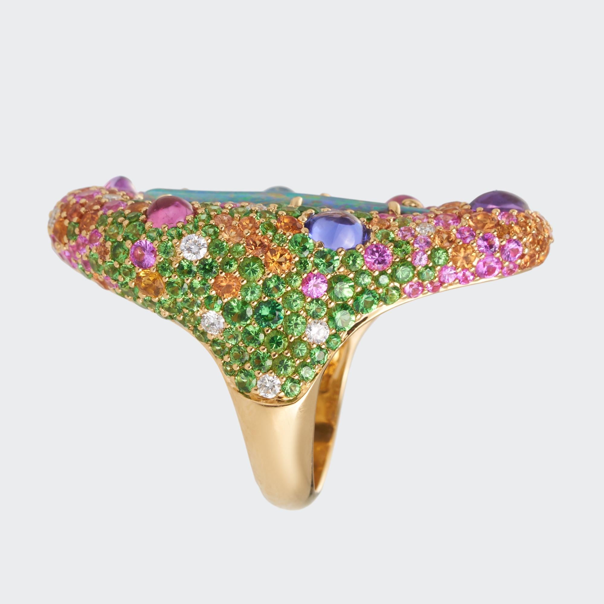 18 karat Yellow Gold Opal Ring, featuring a 8.90ct Solid Natural Queensland Boulder Opal surrounded by diamonds 0.48ct, sapphire 0.42ct, yellow sapphires 2.14cts, pink sapphires 2.57cts, purple sapphires 0.69ct, tanzanite 0.34ct, tsavorites 4.19cts