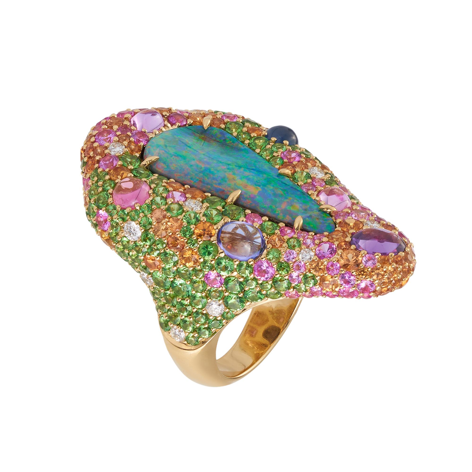 Women's Margot McKinney 18 Karat Yellow Gold Ring with Opal, Tsavorite and Pink Sapphire
