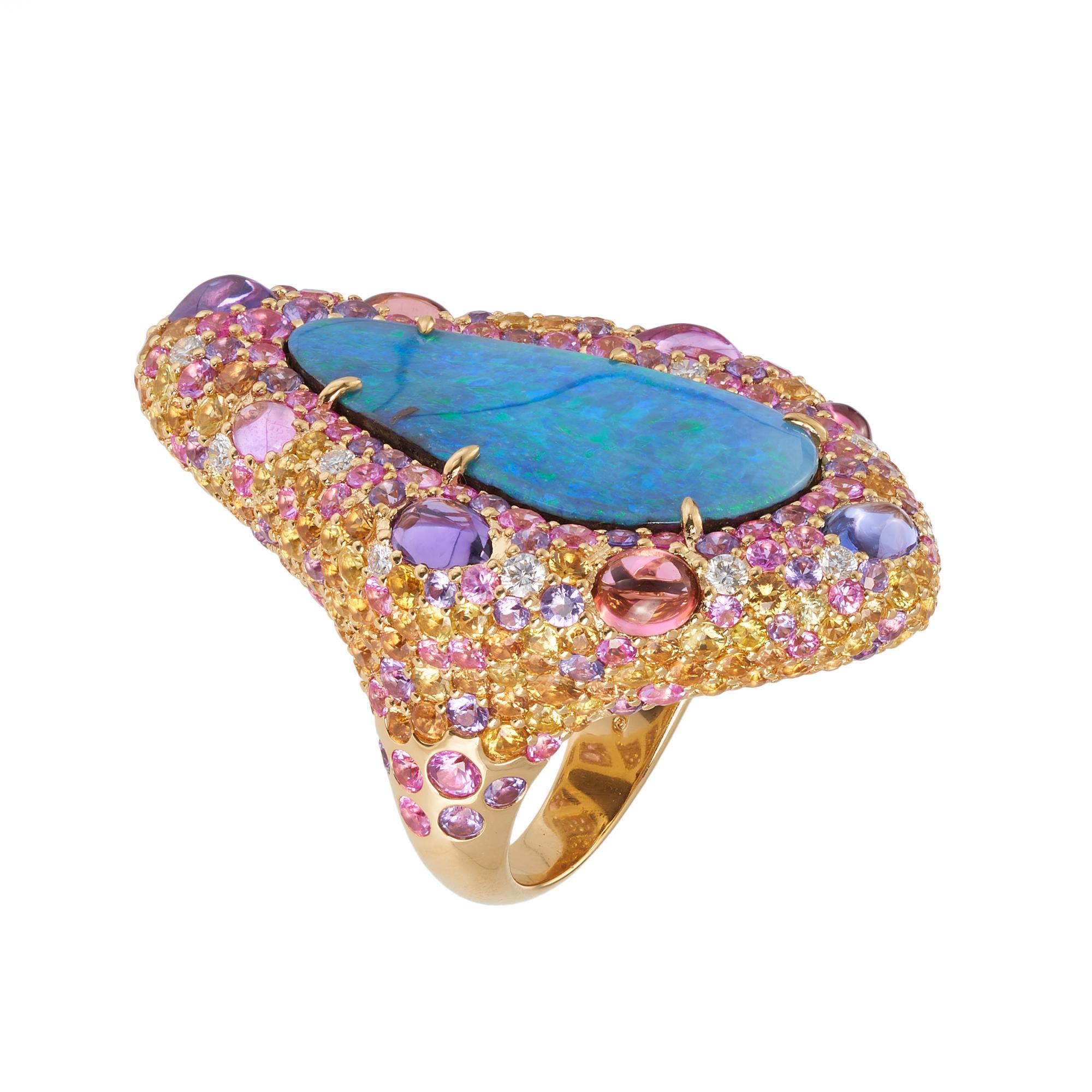 18karat Yellow Gold Opal Ring, featuring a 17.53cts Solid Natural Queensland Boulder Opal surrounded by diamonds 0.45ct, yellow sapphires 5.82cts, pink sapphires 3.35cts, purple sapphires 2.76cts, tanzanite 0.37ct, amethyst 0.36ct and pink