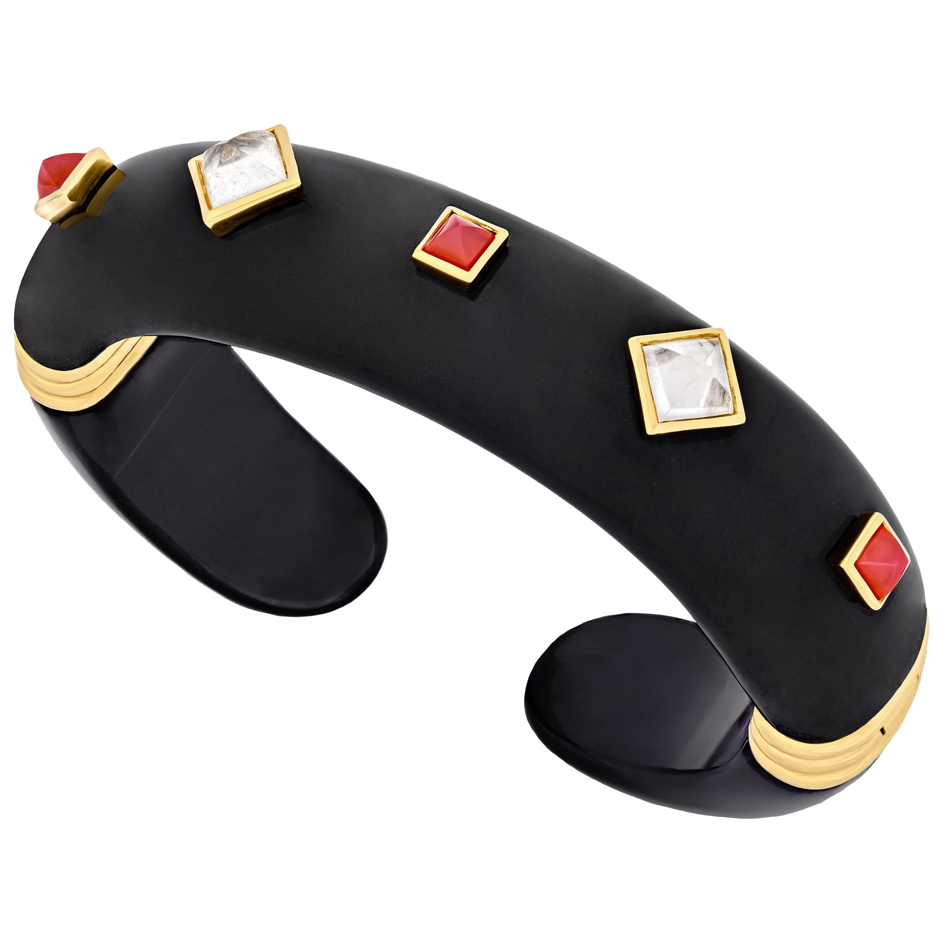 Margot McKinney Black Jade Cuff Moonstones, Red Chalcedony, Tsavorite Garnet