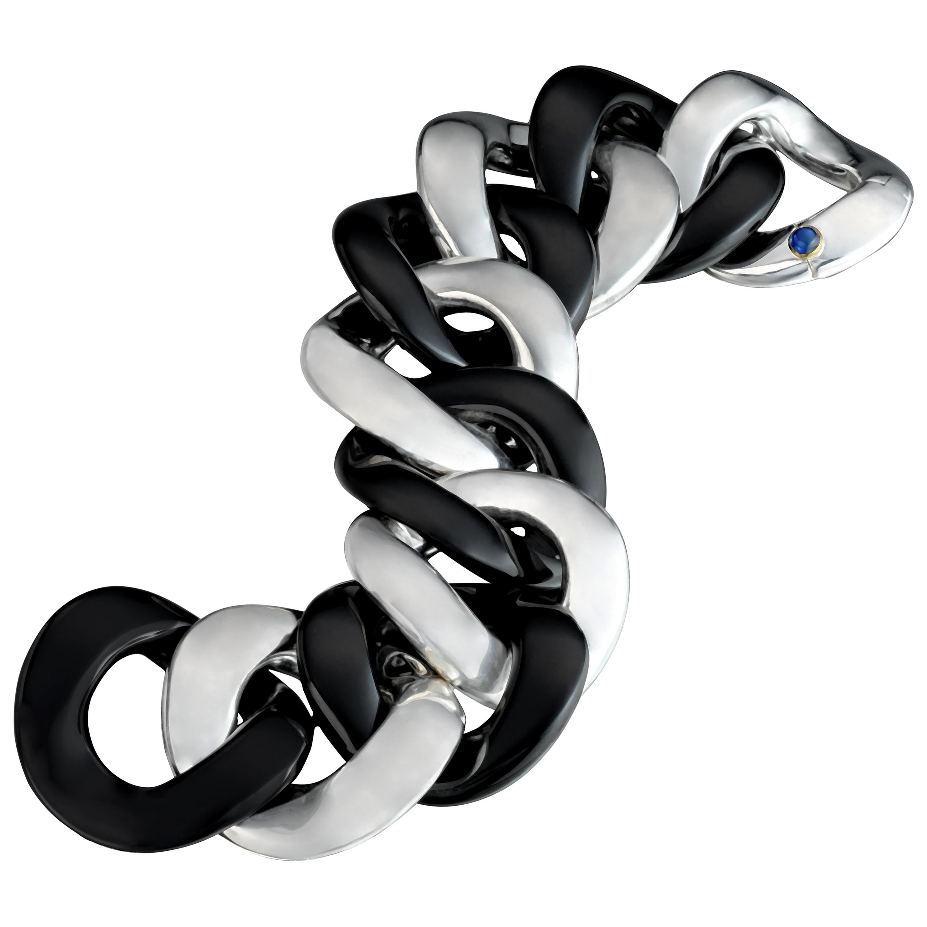 Margot McKinney Black Jade & Silver Link Bracelet, Clasp with 1 Sapphire 0.50Ct