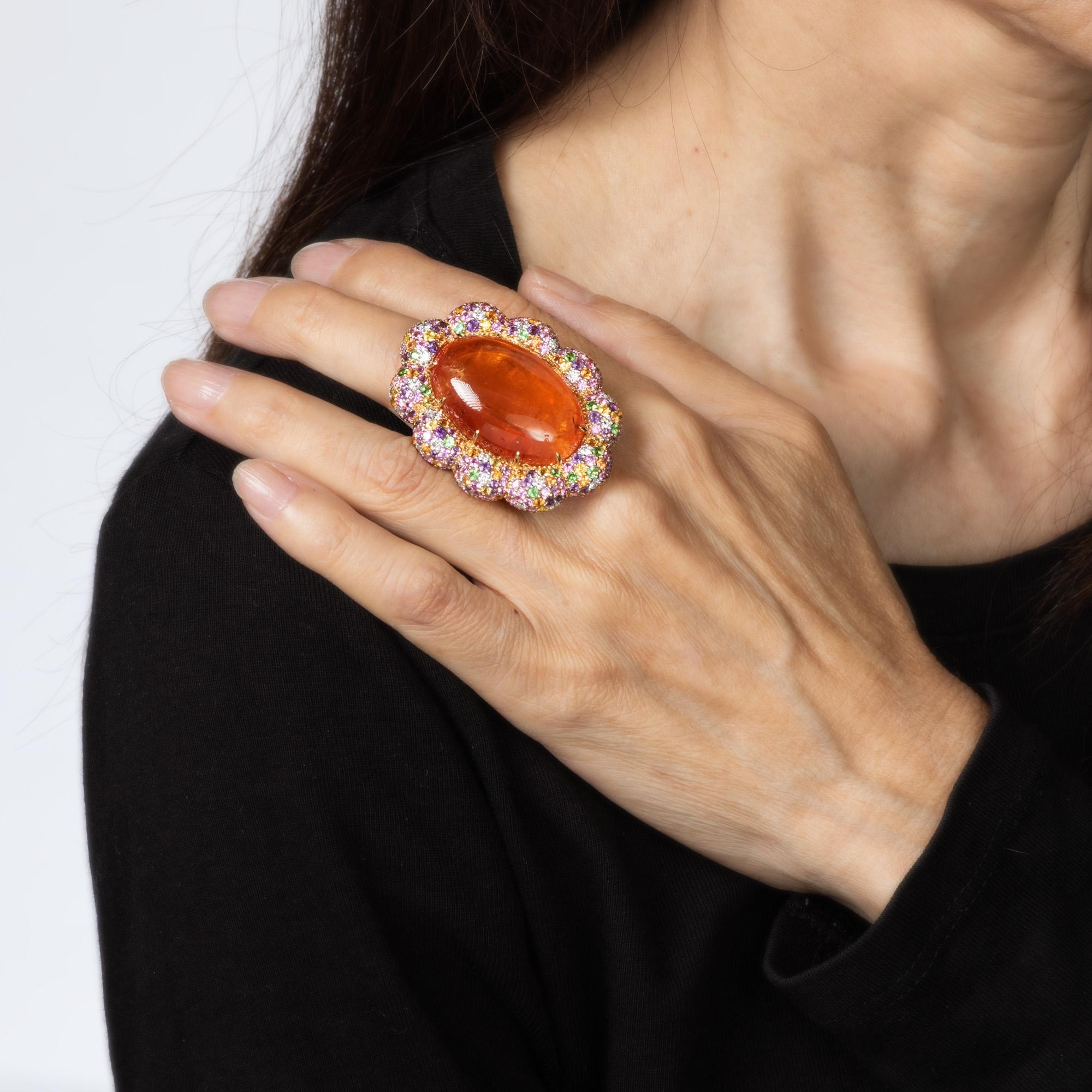 Margot McKinney Bague Multi-Gemmes Diamants Sz 6.5 Grenat Saphir Or Jaune 18k en vente 1