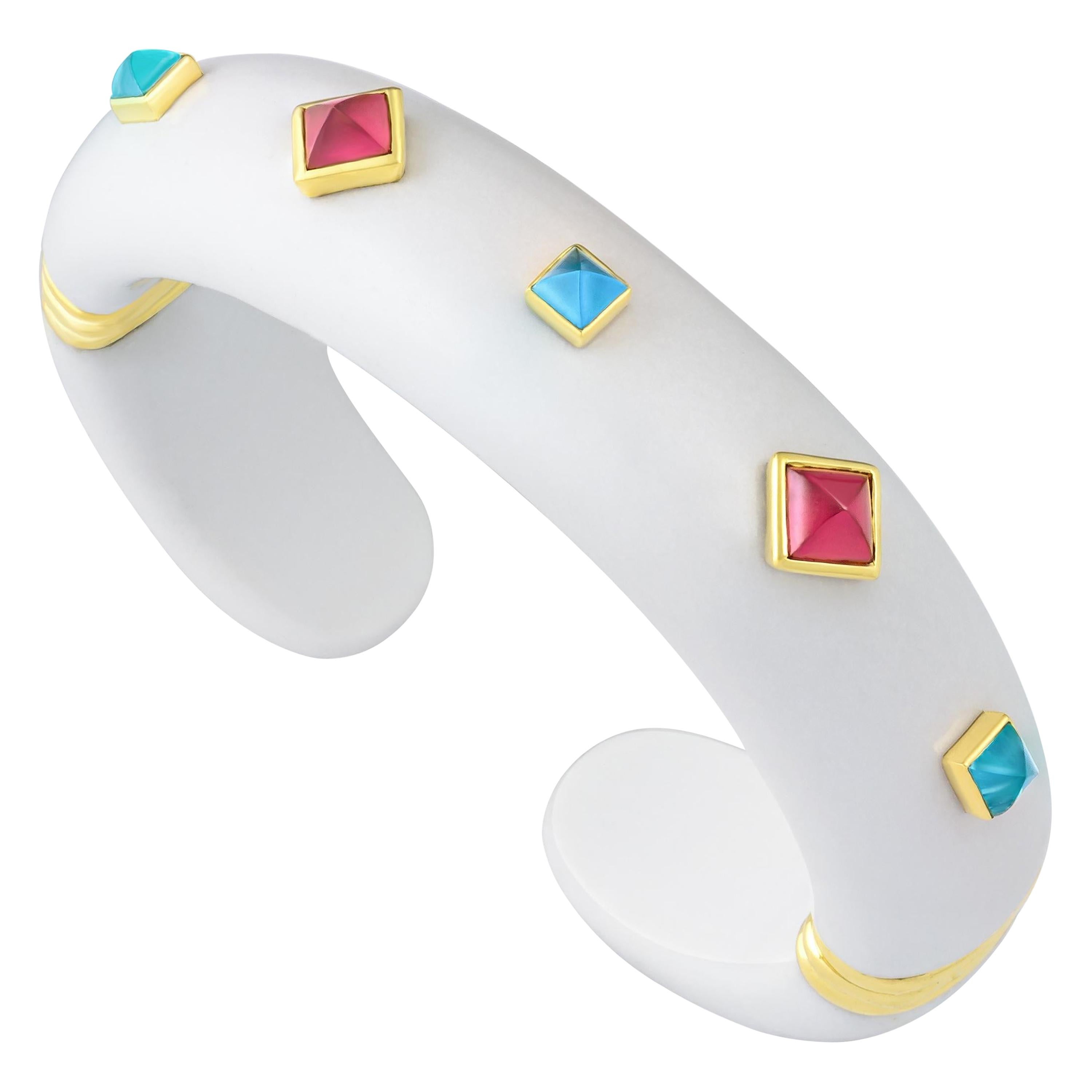 Margot McKinney White Agate Cuff Rubelite, Blue Topaz, Tsavorite Garnet 18K YG For Sale