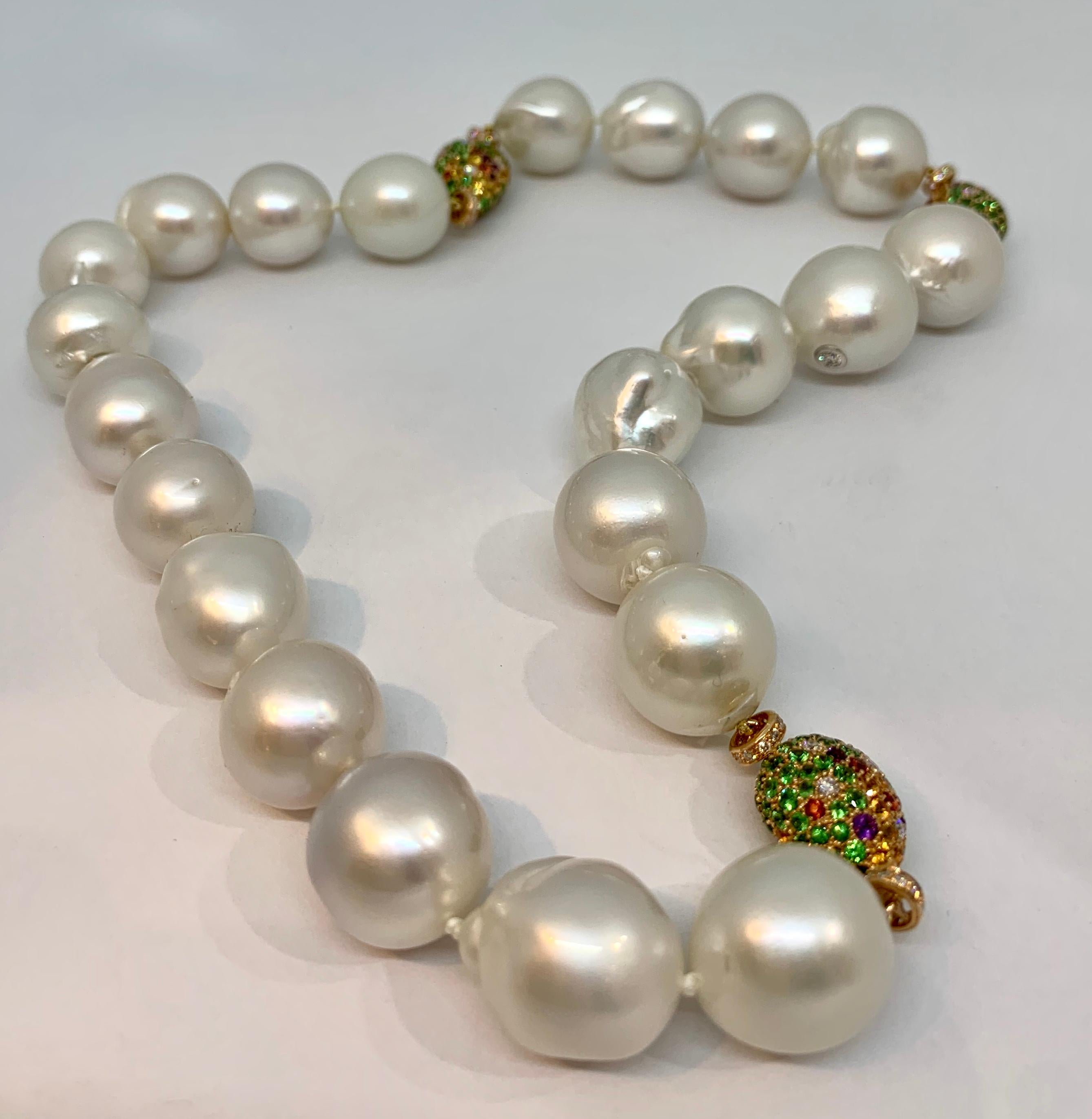 Margot McKinney South Sea Pearl Necklet featuring twenty-two White Baroque 15.5-18mm pearls and enhanced with three 18 karat Pink Gold, Diamond, Yellow Sapphire, Orange Sapphire, Tsavorite, Amethyst Pebbles finished with an 18 karat White Gold