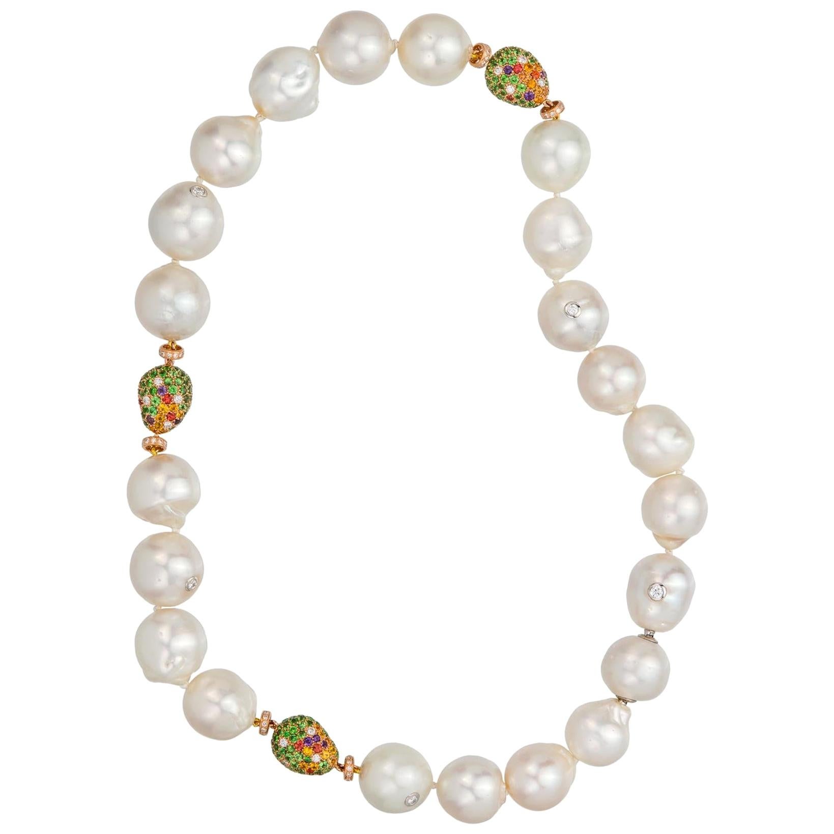 Margot McKinney White Baroque South Sea Pearl Necklet, Diamonds/Multi Gems For Sale