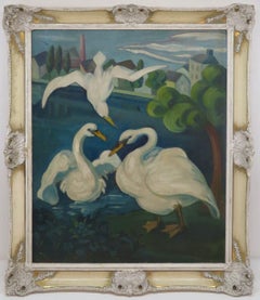 Antique C.1930s original SIGNED oil painting STYLISED SWANS in an Industrial Landscape 