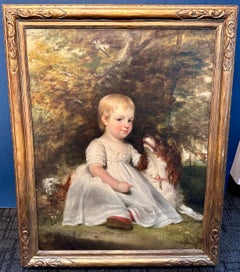 Retrato inglés del siglo XIX de una joven con su spaniel mascota en paisaje