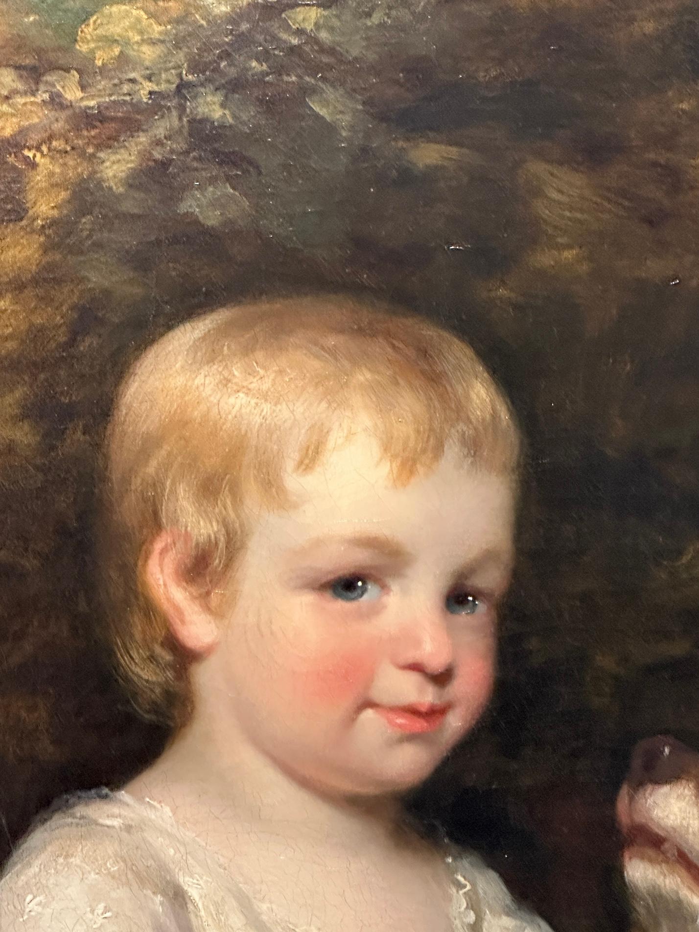 19th century English portrait of a young girl with her pet spaniel in  landscape - Brown Landscape Painting by Margret Carpenter