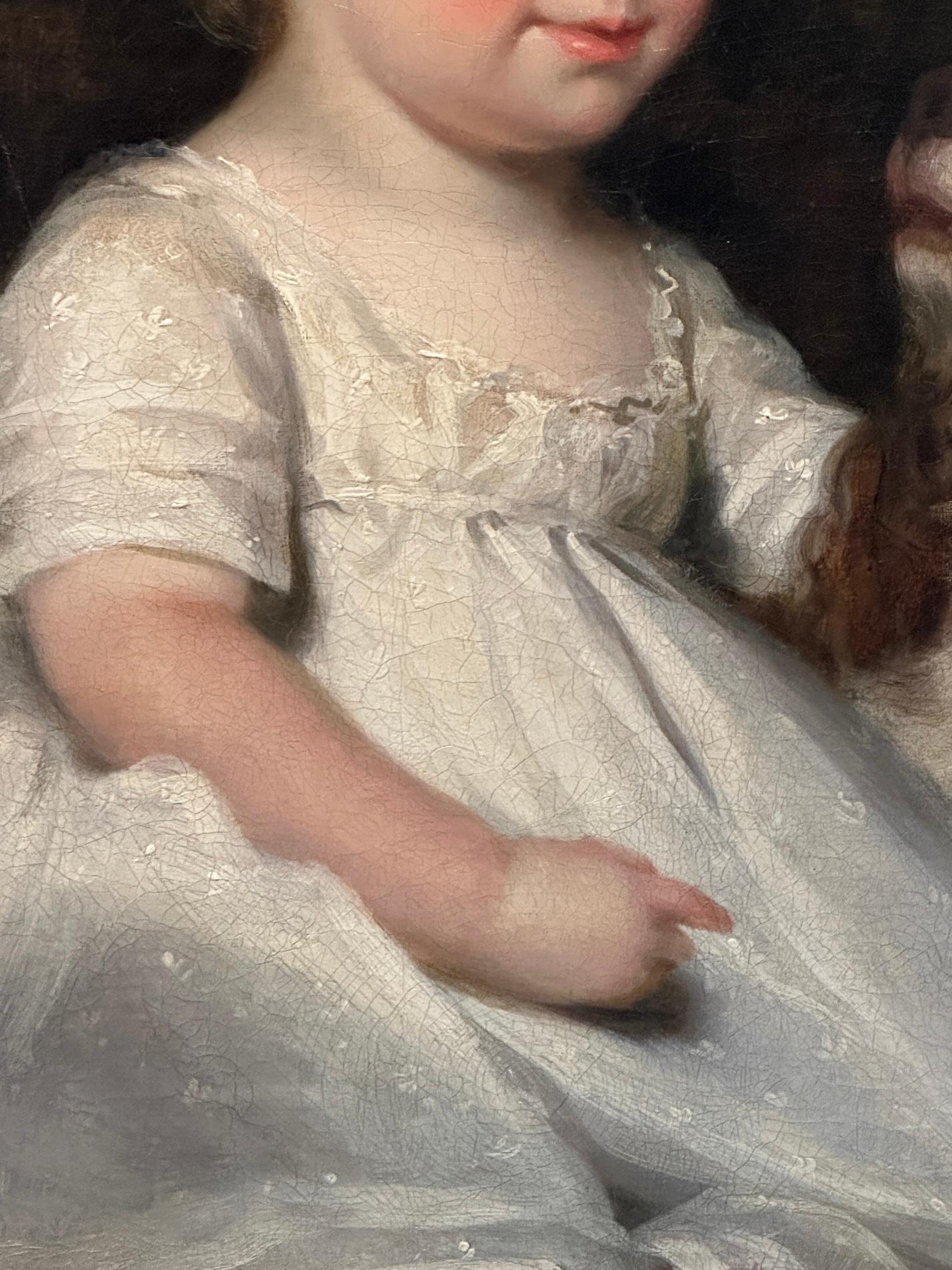 19th century English portrait of a young girl with her pet spaniel in  landscape For Sale 1