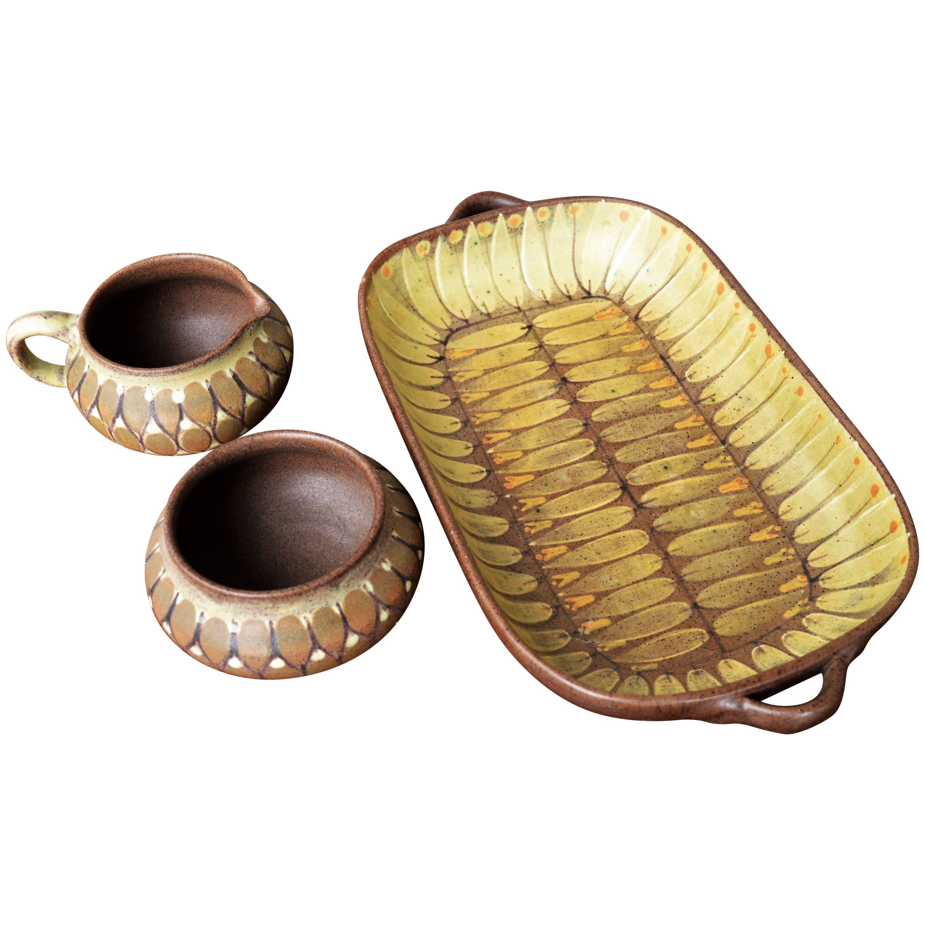 Margrethe Dybdahl Denmark Ceramic Platter with Handles, Sugar Bowl & Creamer For Sale