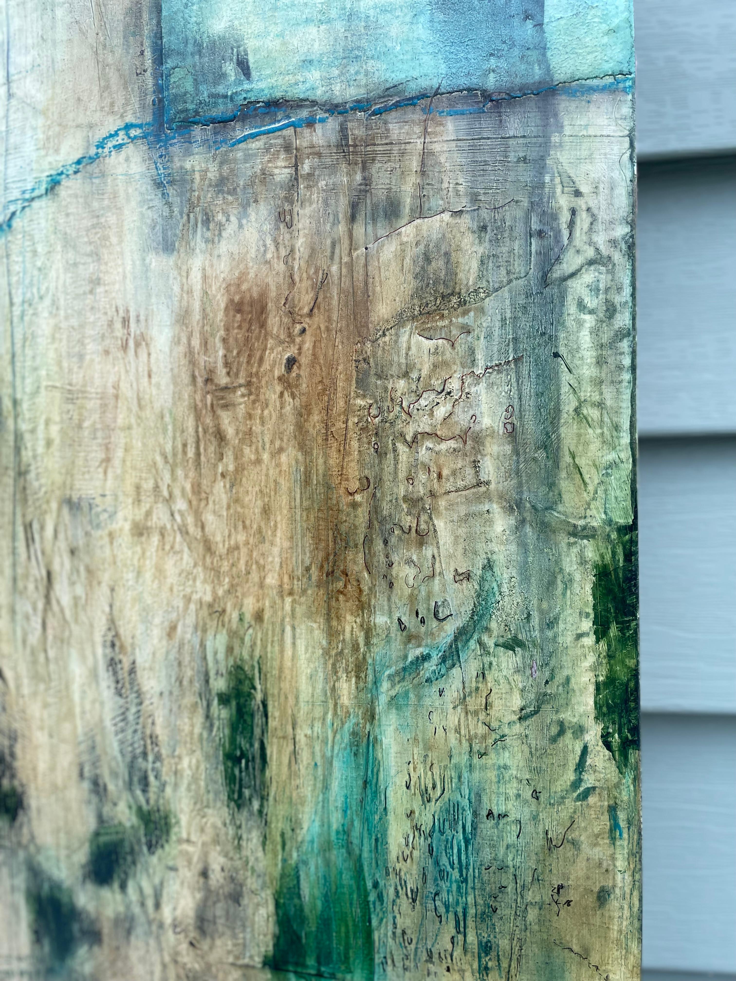 <p>Artist Comments<br>In this mixed media abstract by artist Margriet Hogue, Cool blues, green, and turquoise intermingle with textured beige hues. Margriet starts her process with layers of paint and paper that have been distressed through sanding