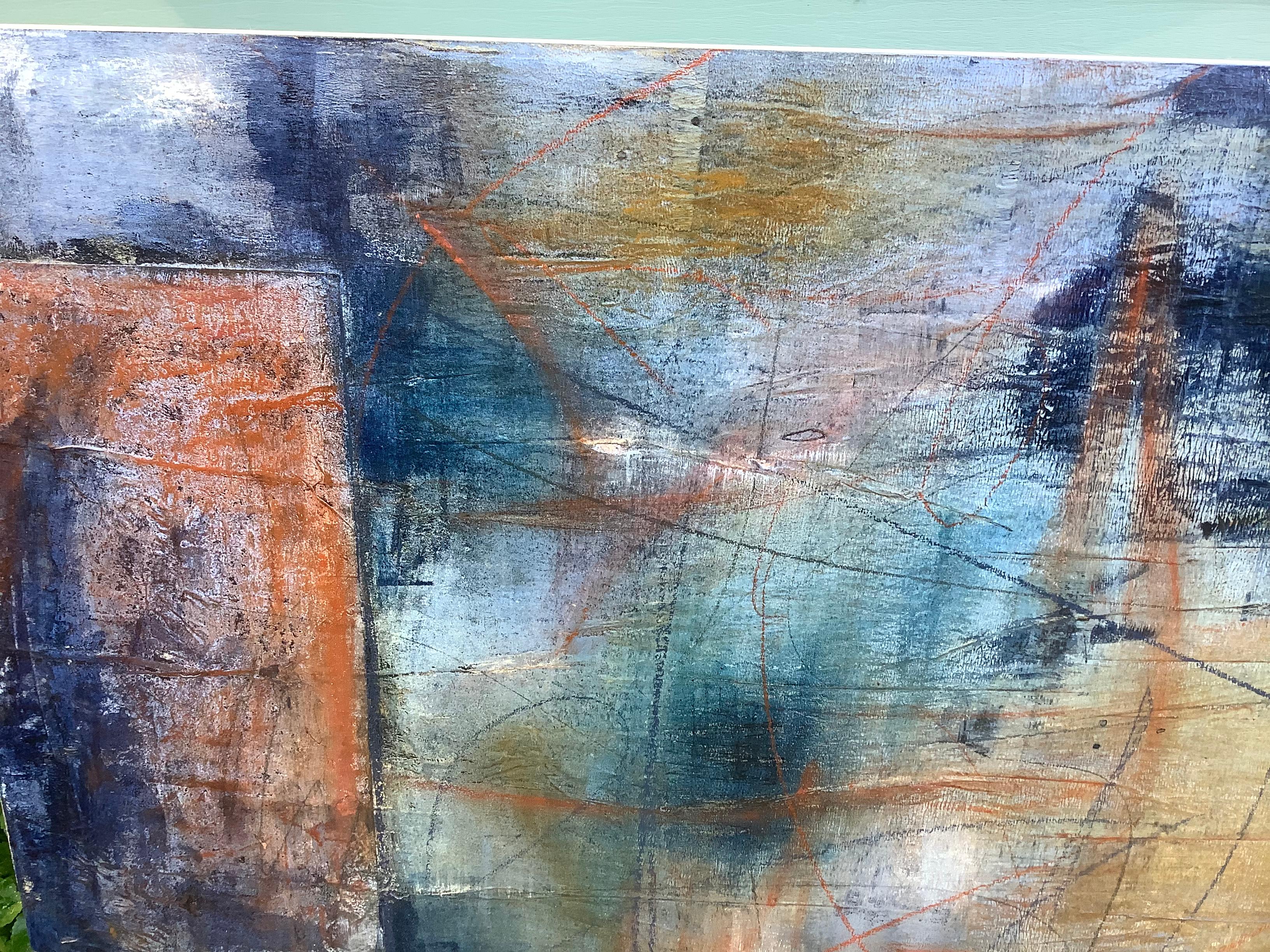 <p>Artist Comments<br>Artist Margriet Hogue expresses an abstract composition in different shades of blue. She layers paper for the base and paints over it with abandon. Fierce strokes of pastels and pencils sprawl the surface vigorously. Margriet