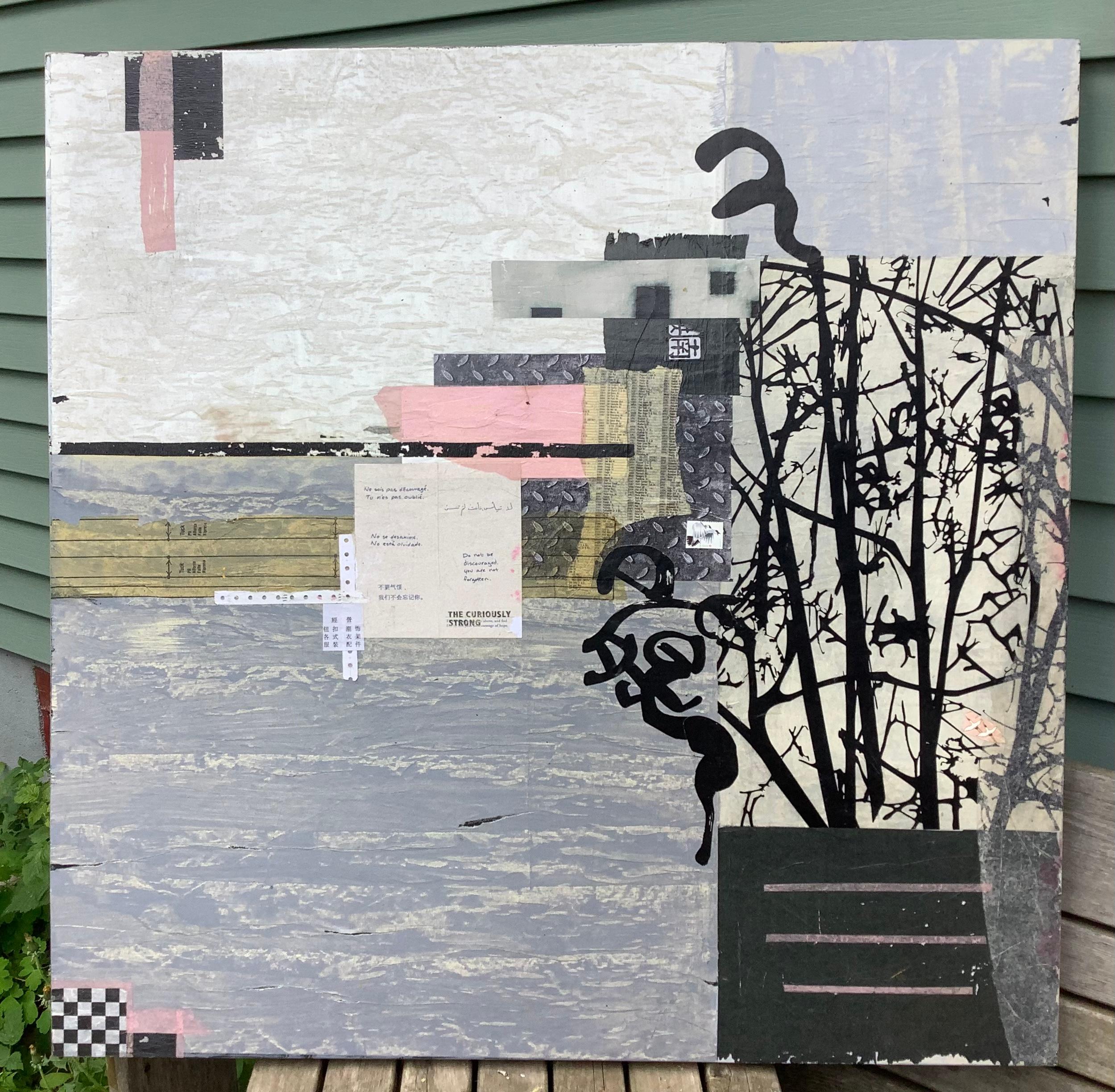 <p>Artist Comments<br>Margriet Hogue paints a black tree over a  lively collaged composition. Birds nest within its meager branches. Margriet affixes pages from various materials to add bold points of interest. She cuts pages and arranges them in an