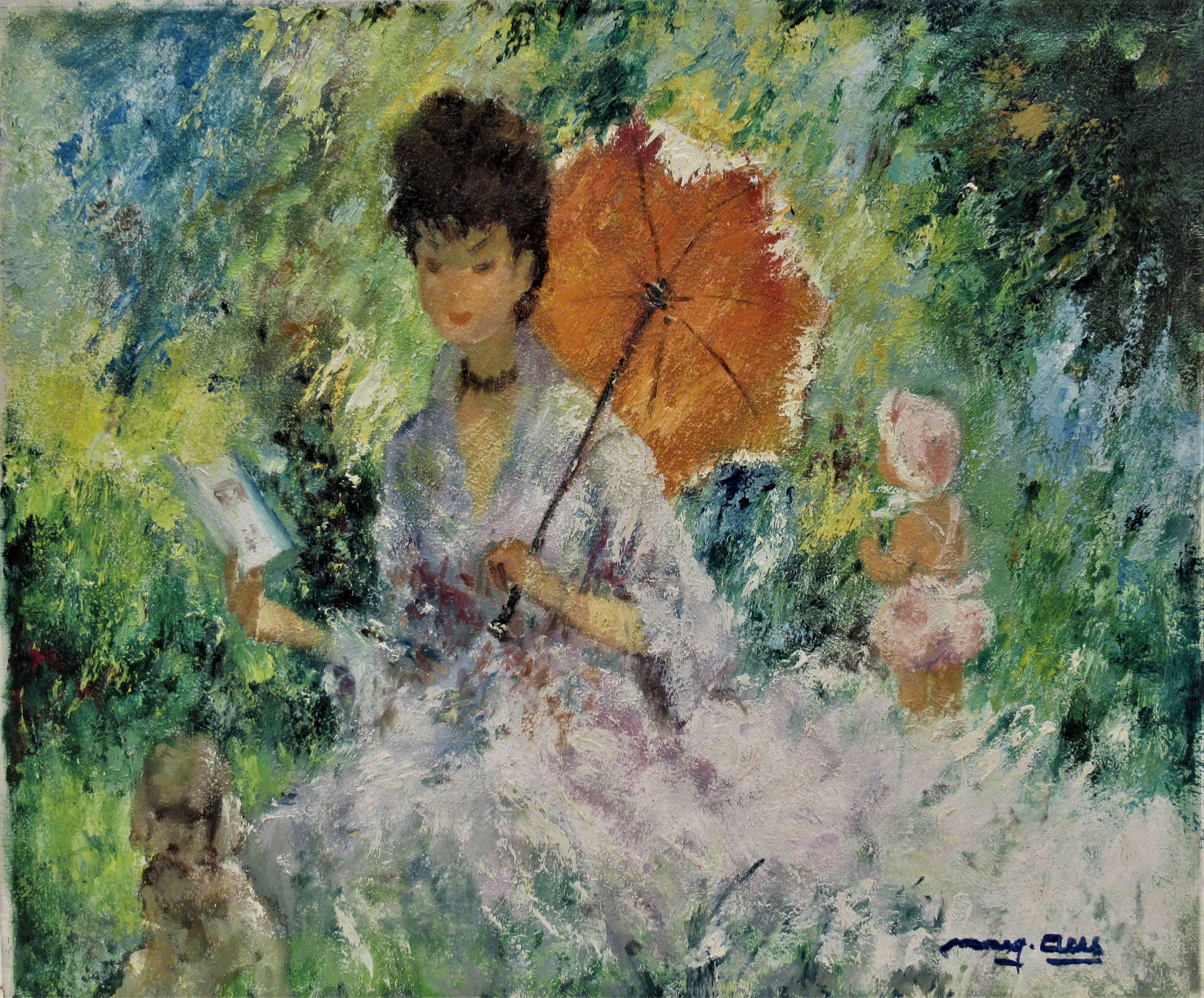 Femme avec Umbrella lisant un livre - Painting de Marguerite Aers