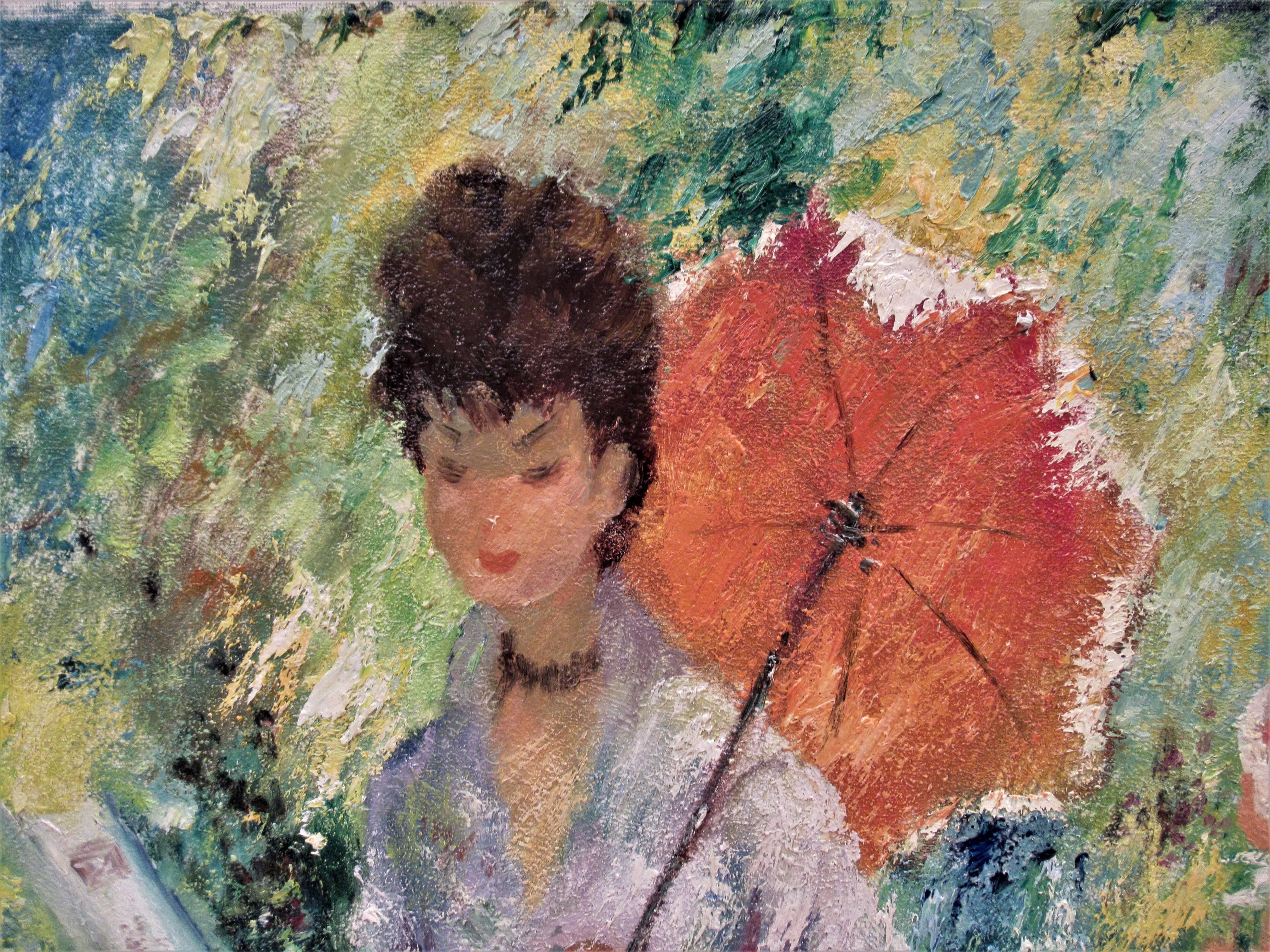 Femme avec Umbrella lisant un livre - Impressionnisme Painting par Marguerite Aers
