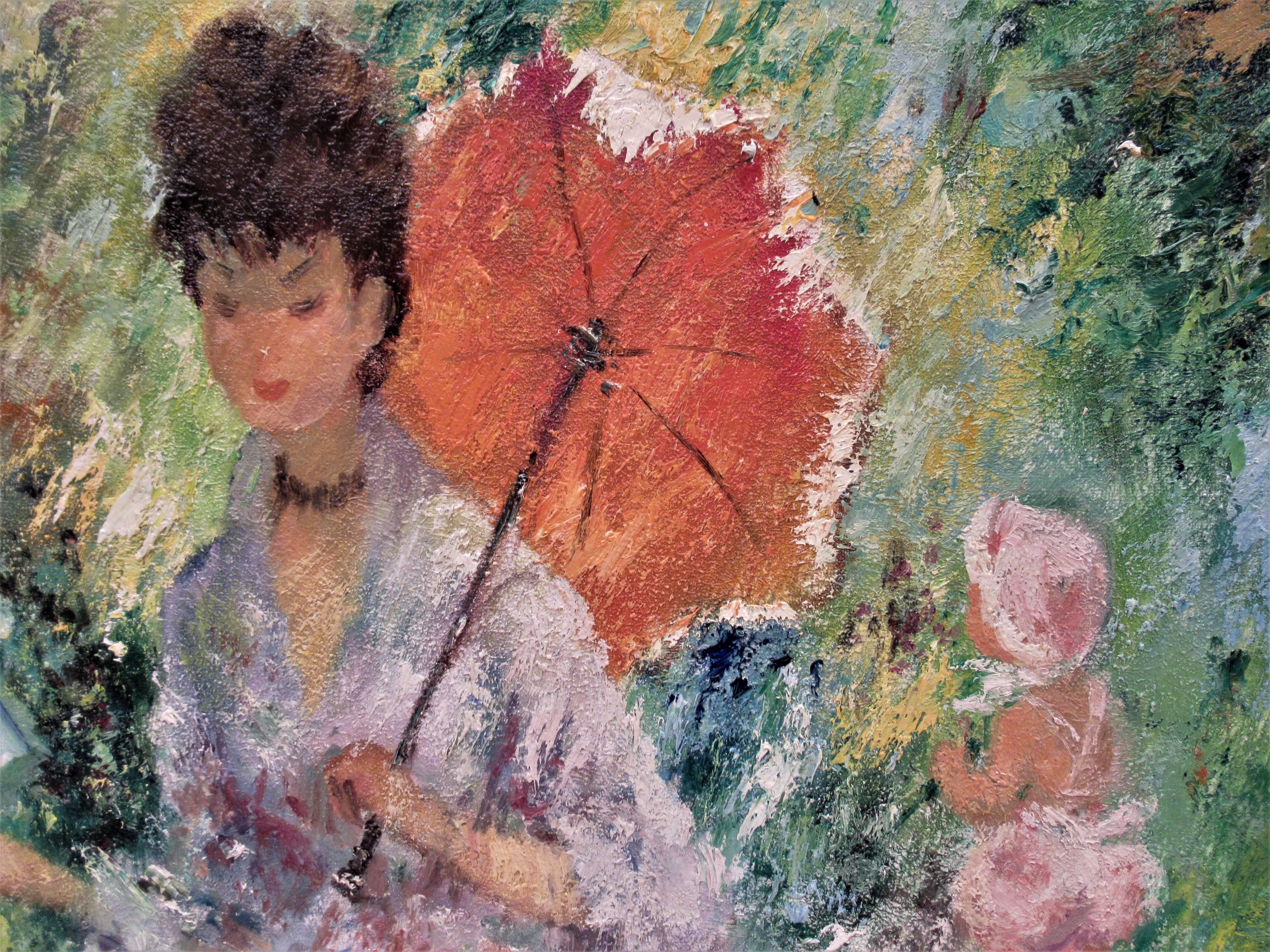 Femme avec Umbrella lisant un livre - Marron Landscape Painting par Marguerite Aers
