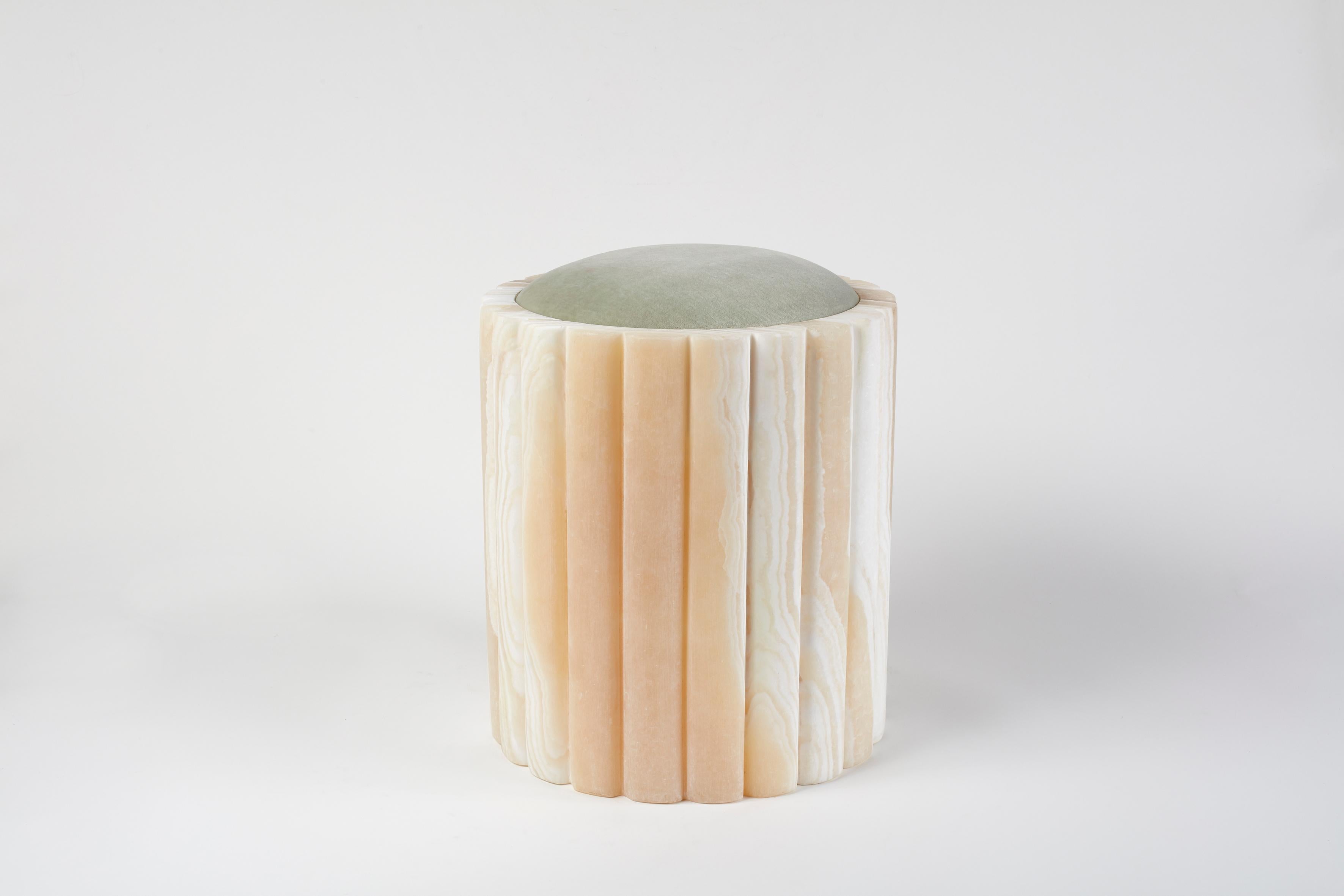 Marguerite Alabaster stool sculpted by Omar Chakil
“TENDRE MARGUERITE” stool -raw massive hand carved
Egyptian Alabaster, 100% cotton velvet
Measures: Diameter 32cm x height 38cm
Numbered and signed
Alabaster pillow available in light green and