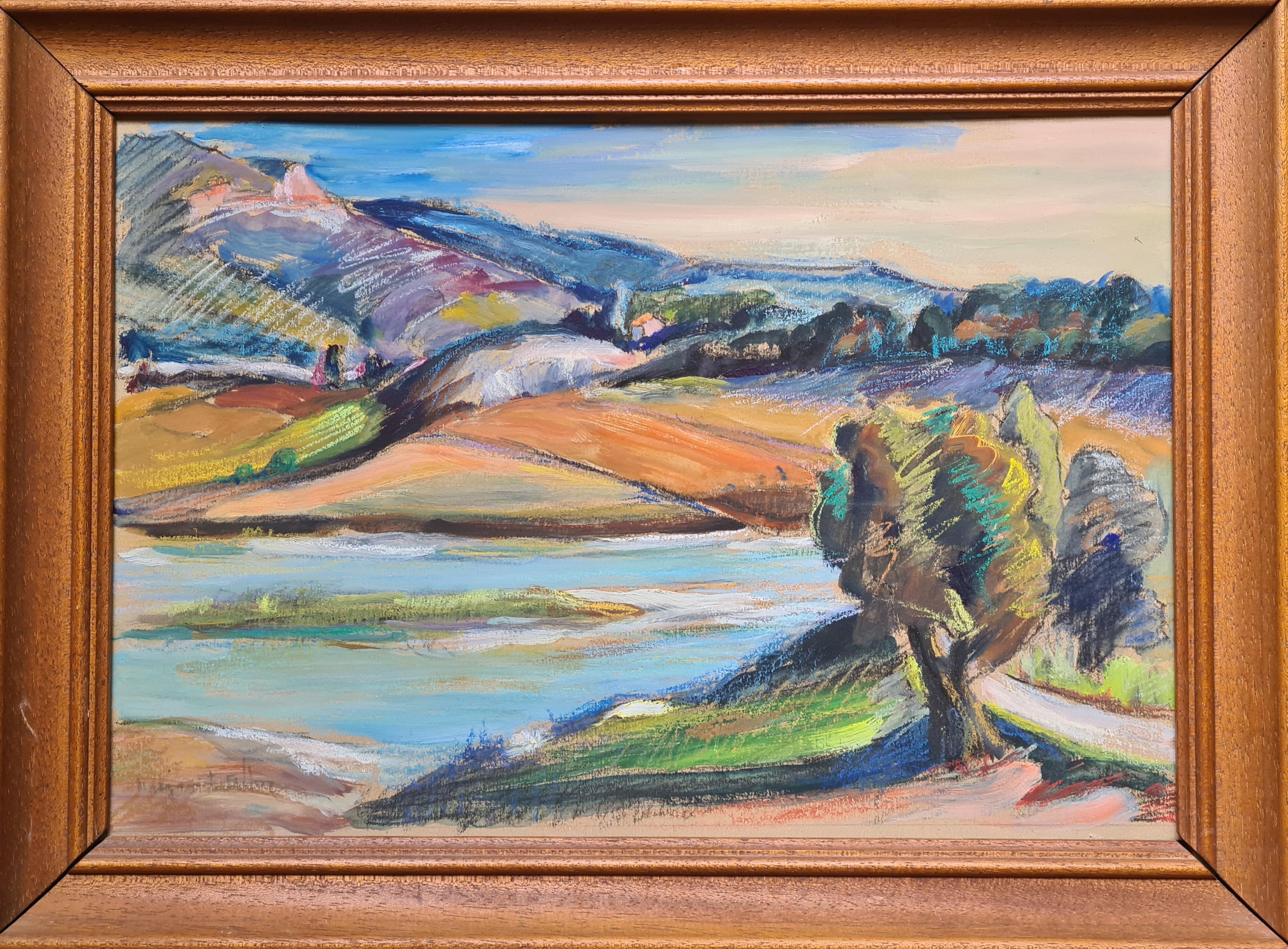 Veduta fauvista di un paesaggio fluviale e montano francese, il Verdon, in Provenza. - Art di Marguerite Allar