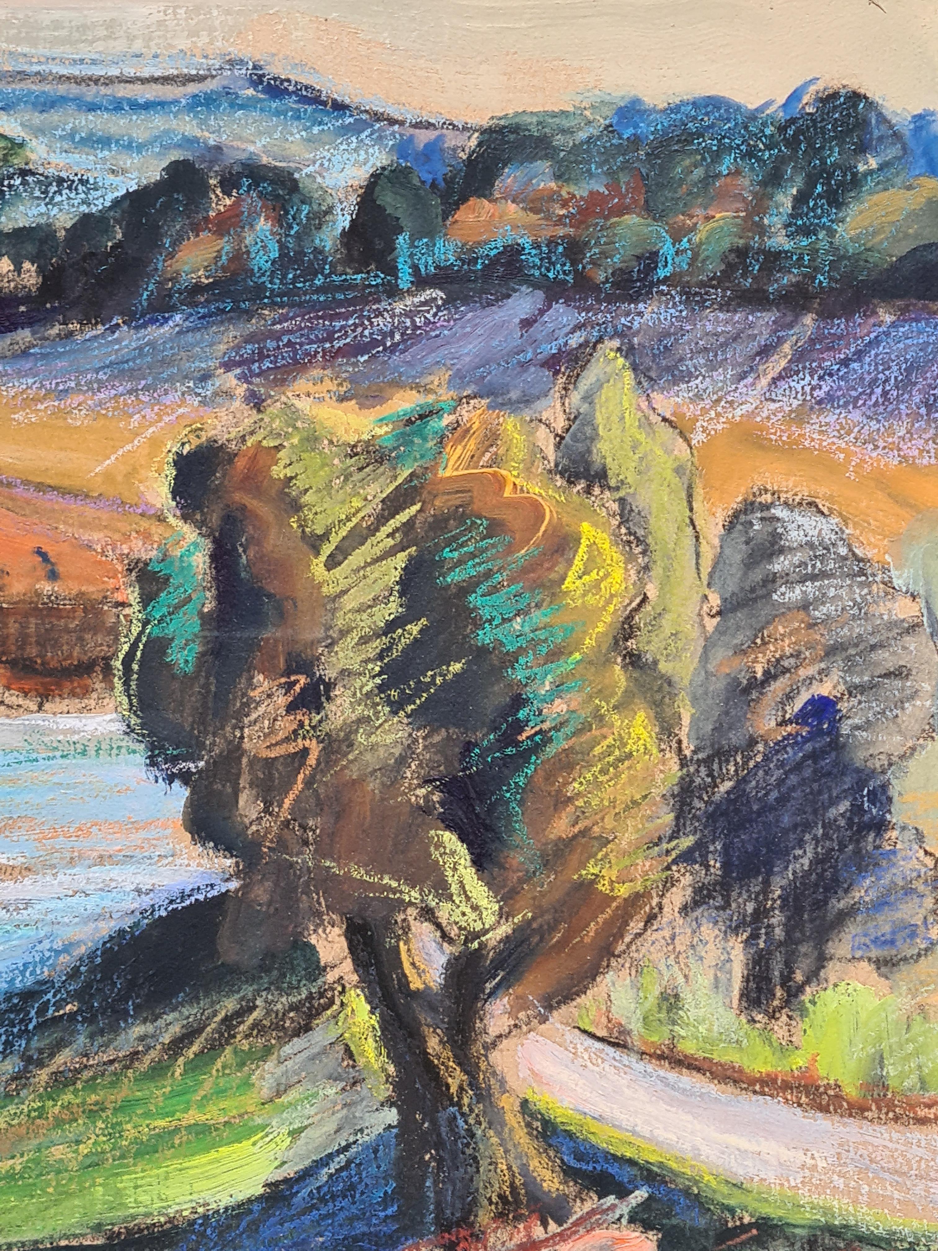 Veduta fauvista di un paesaggio fluviale e montano francese, il Verdon, in Provenza. - Landscape Art Grigio di Marguerite Allar