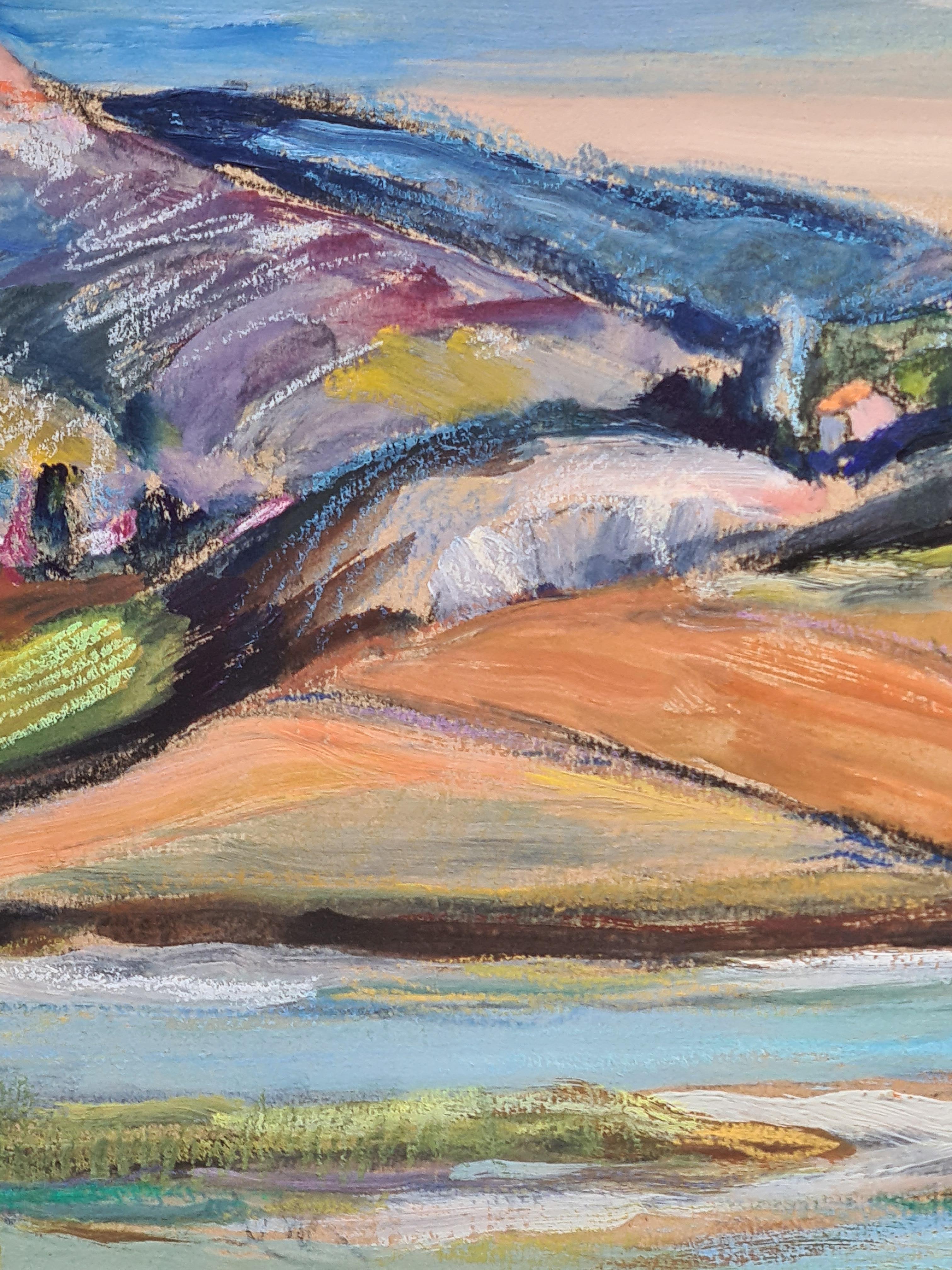 Un paesaggio fauvista di metà secolo, pastello su cartoncino, di Marguerite Allar. Firmato in basso a sinistra, annotato e titolato sul retro e presentato in una semplice cornice di legno.

Una vista colorata delle Gole del Verdon nel sud della