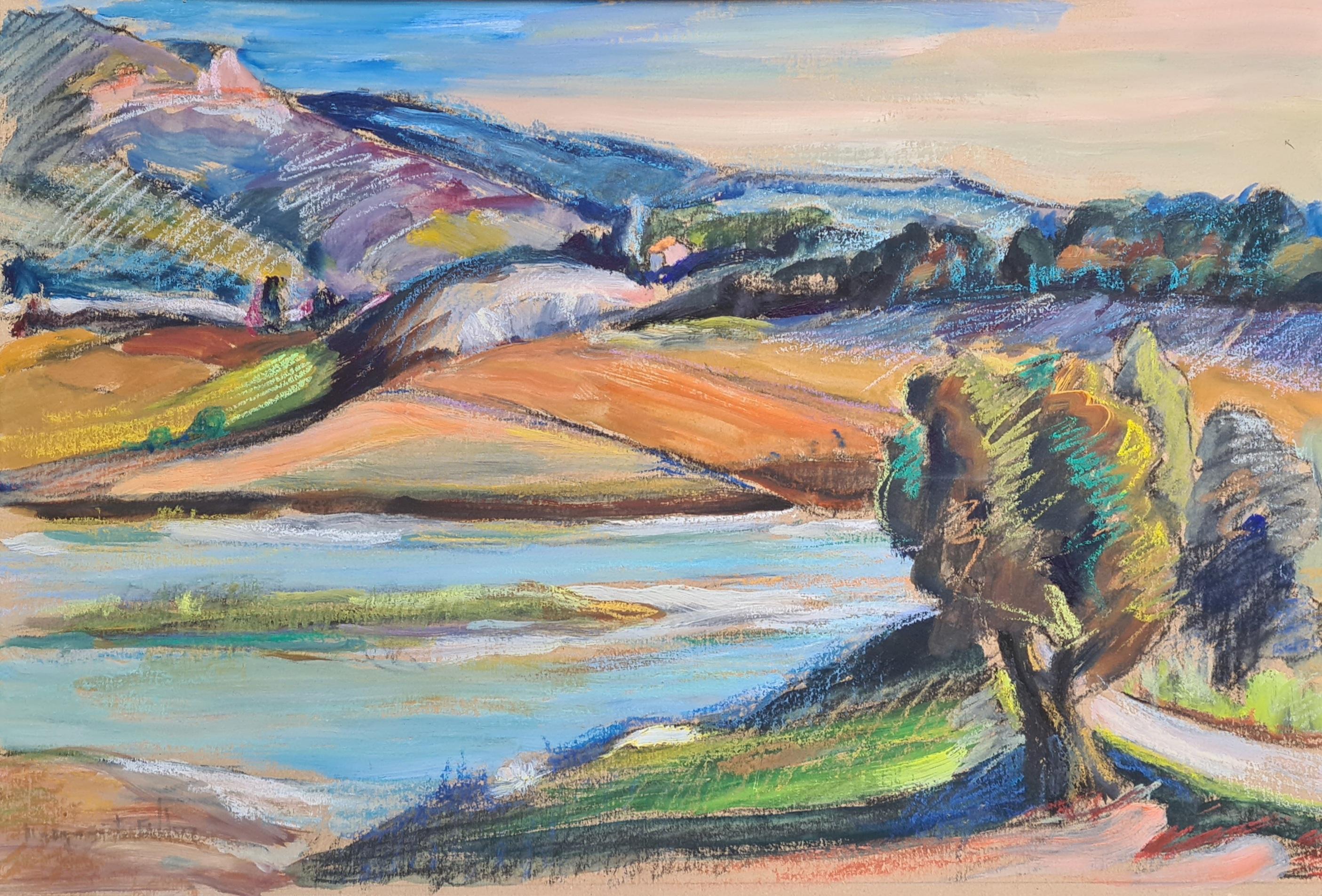 Marguerite Allar Landscape Art - Fauvist View of A French River and Mountain Landscape, The Verdon, Provence.