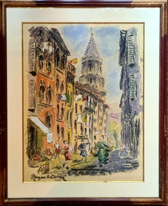 Gerahmtes Aquarell und Gouache aus Marseille aus dem frühen 20. Jahrhundert, signiert