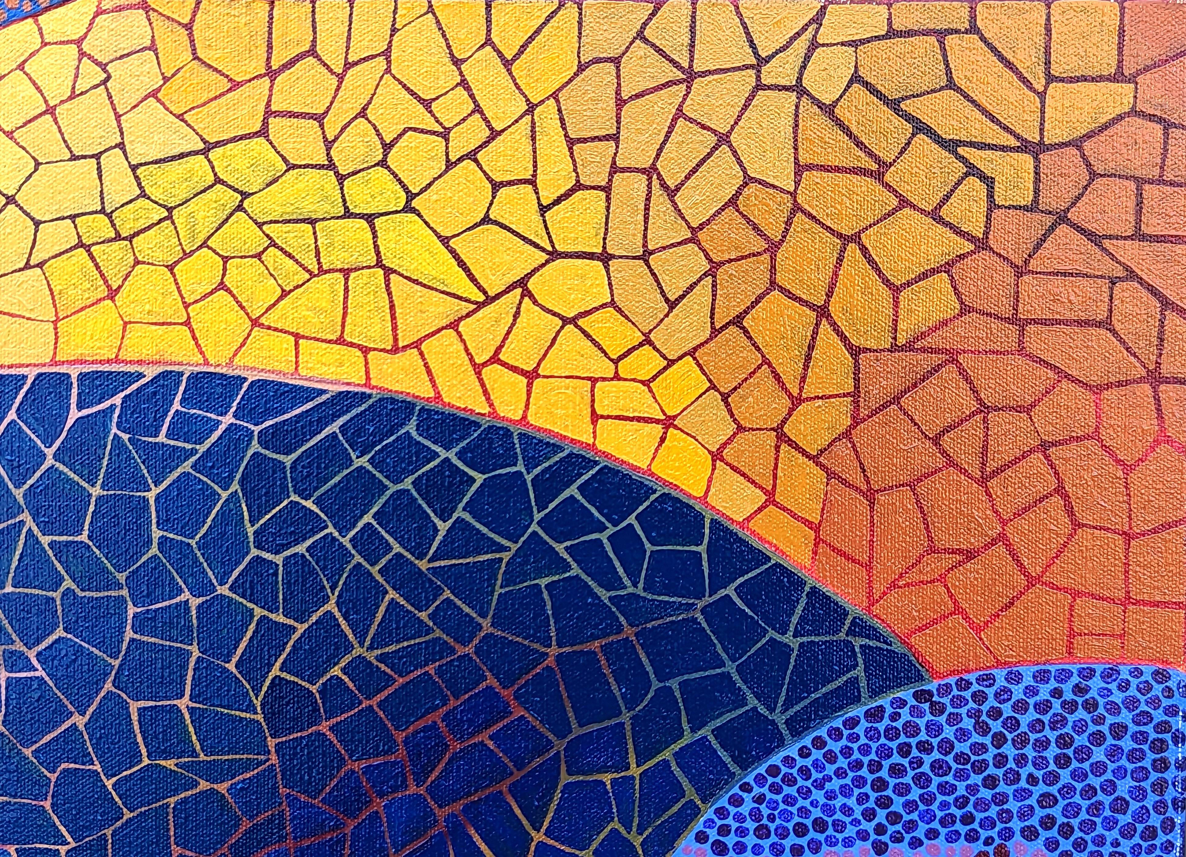 Blue, yellow, orange, and red abstract painting by Houston, TX artist Marguerite Baldwin. The painting depicts several overlapping shapes with different patterns. Each mosaic 