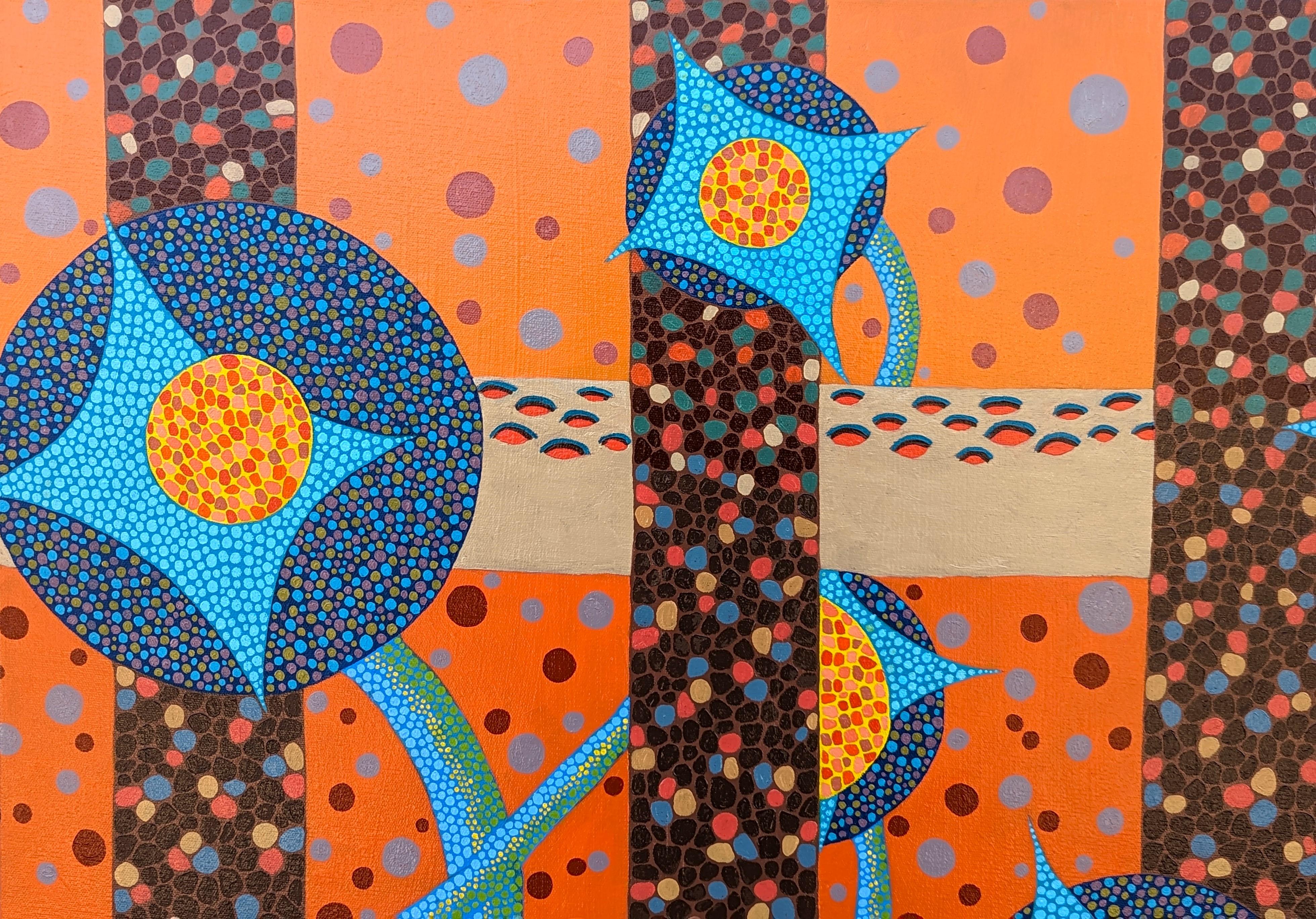 Orange, pink, blue, and brown abstract mosaic-style painting by Houston, TX artist Marguerite Baldwin. The piece depicts abstracted botanical elements such as flowers and vines growing against a brown-toned garden trellis. Signed and titled by the