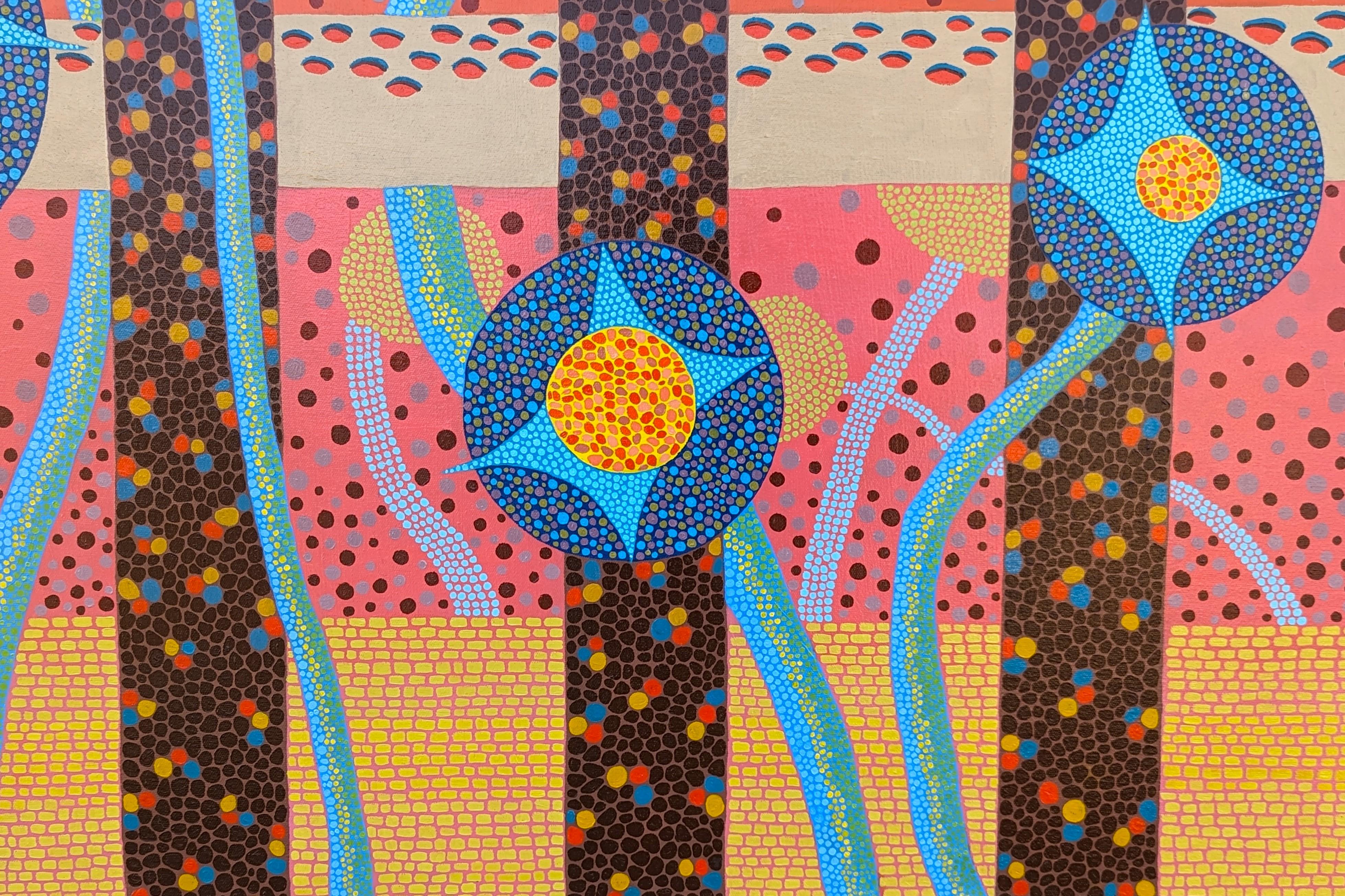 “Celebrate in the Garden” Warm-Toned Abstract Mosaic-Style Painting For Sale 3