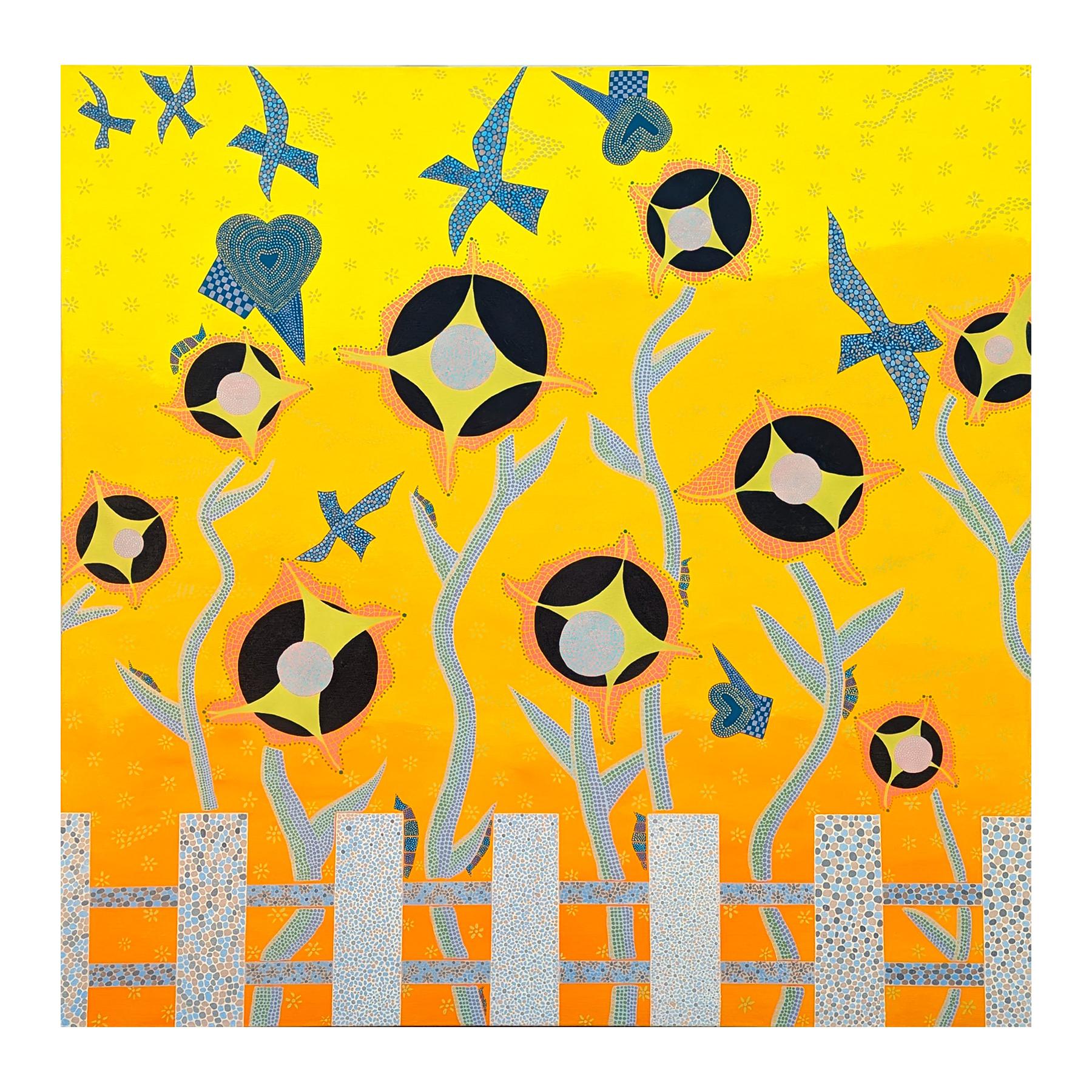 “Celebrate the Garden Part 3” Colorful Geometric Abstract Mosaic-Style Painting - Yellow Abstract Painting by Marguerite Baldwin