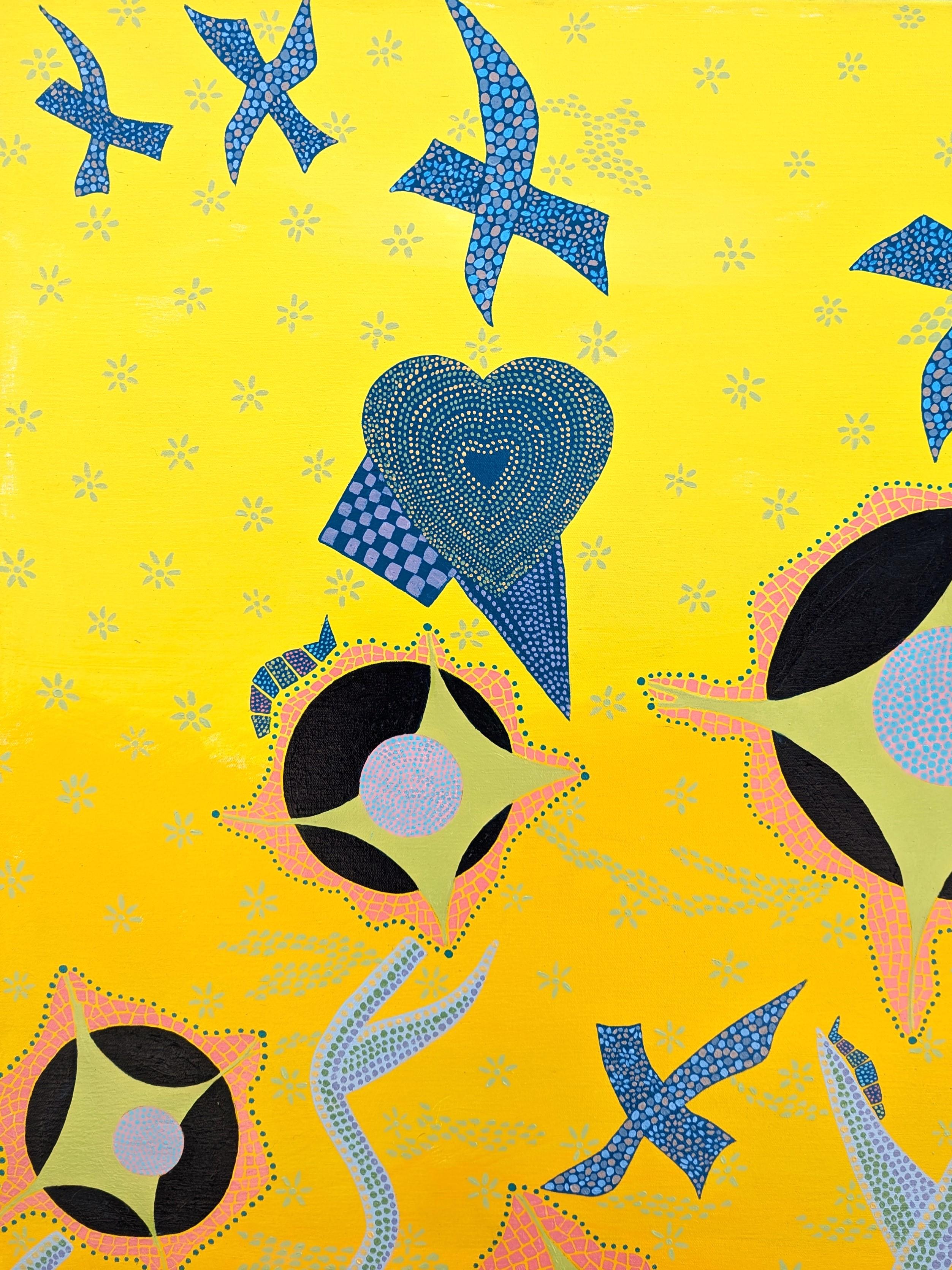Yellow toned abstract painting by Houston, TX artist Marguerite Baldwin. The painting depicts a vibrant garden with flowers set behind a picket fence. Each mosaic 