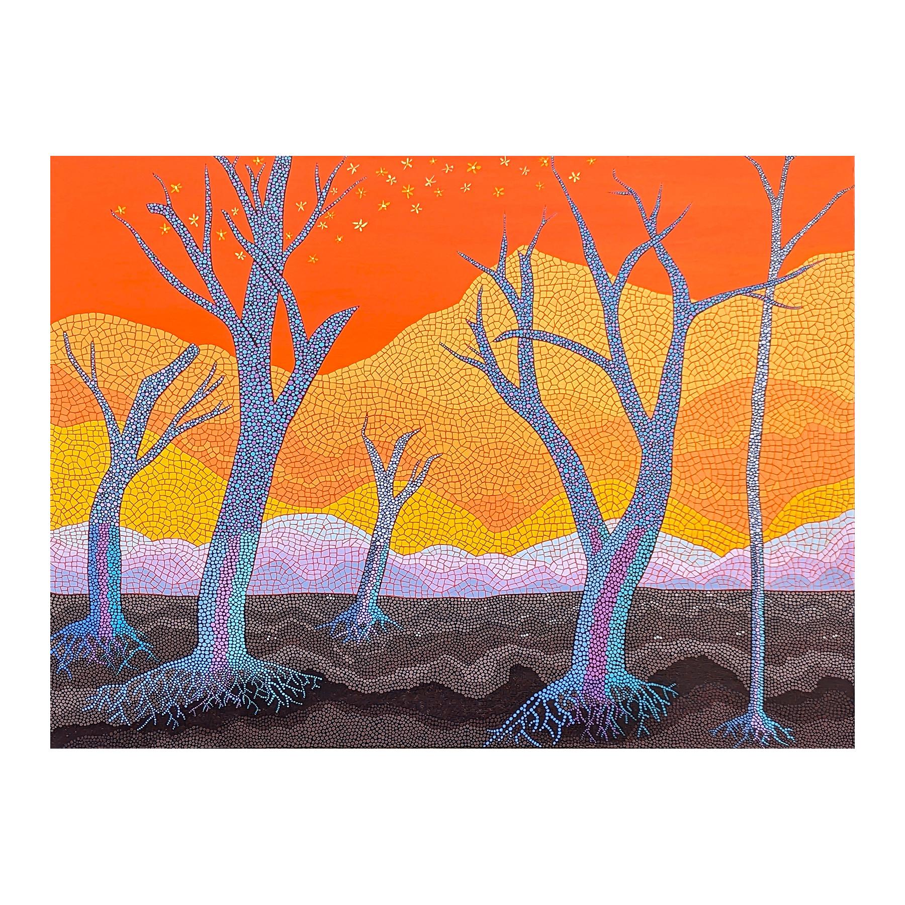« I Love Trees #4 » - Peinture abstraite aux tons chauds d'arbres du désert de style mosaïque - Painting de Marguerite Baldwin