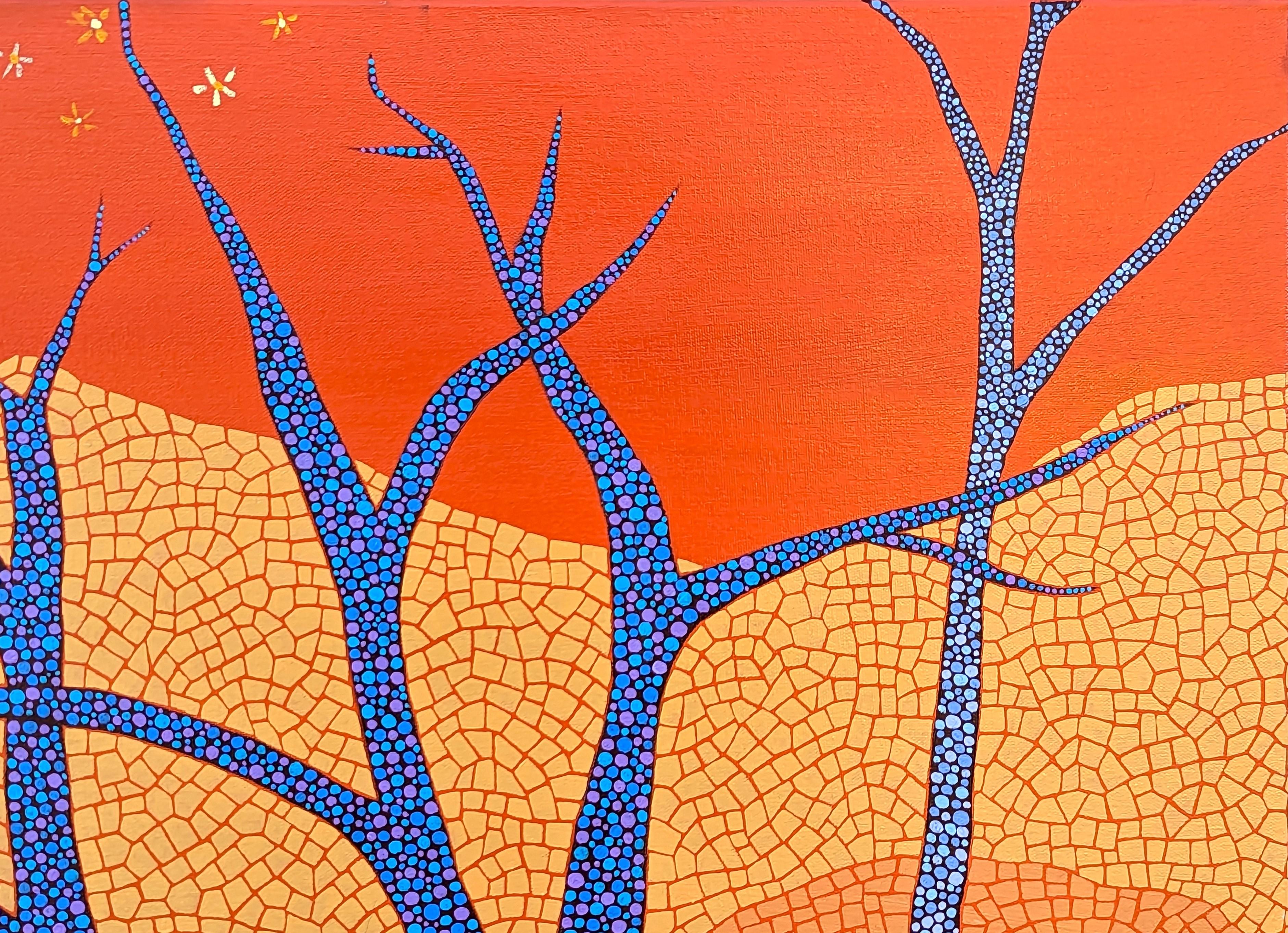 Peinture abstraite en mosaïque de style orange, jaune, violet et brun foncé de l'artiste Marguerite Baldwin, de Houston, au Texas. La peinture représente un paysage désertique avec des arbres bleus dénudés sur fond de coucher de soleil et de
