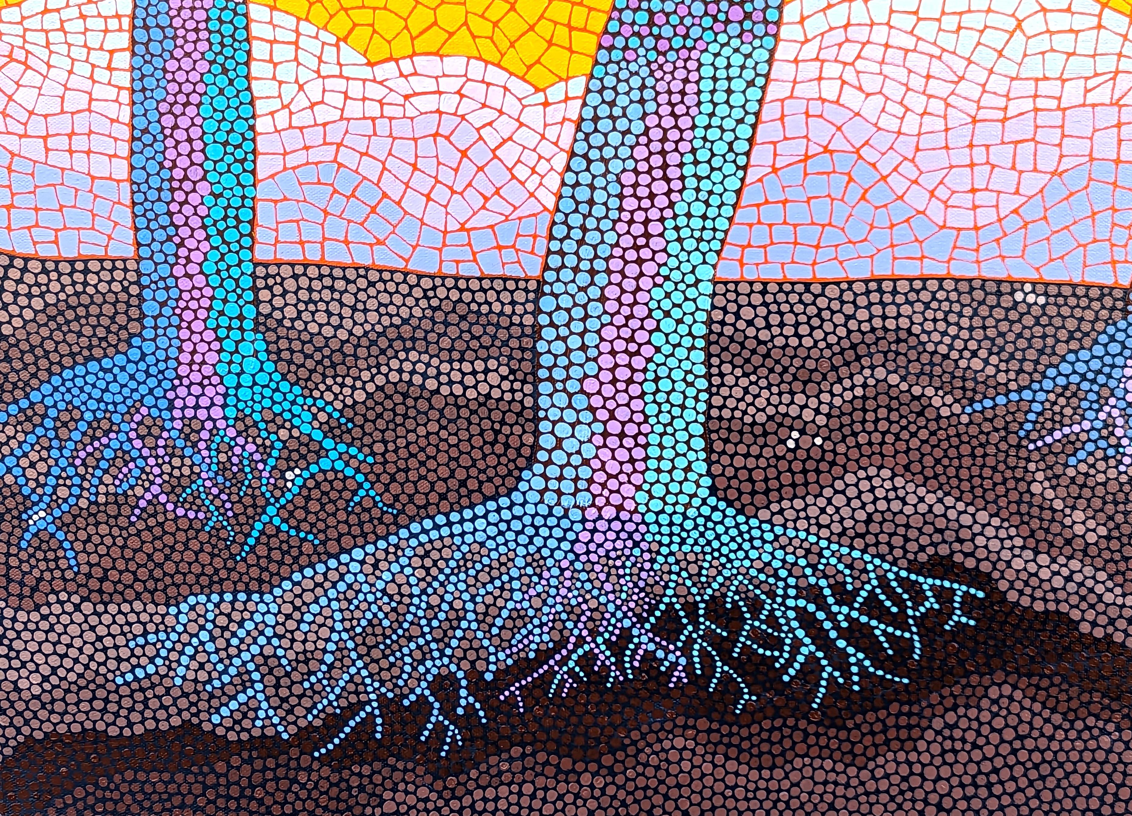 « I Love Trees #4 » - Peinture abstraite aux tons chauds d'arbres du désert de style mosaïque en vente 1