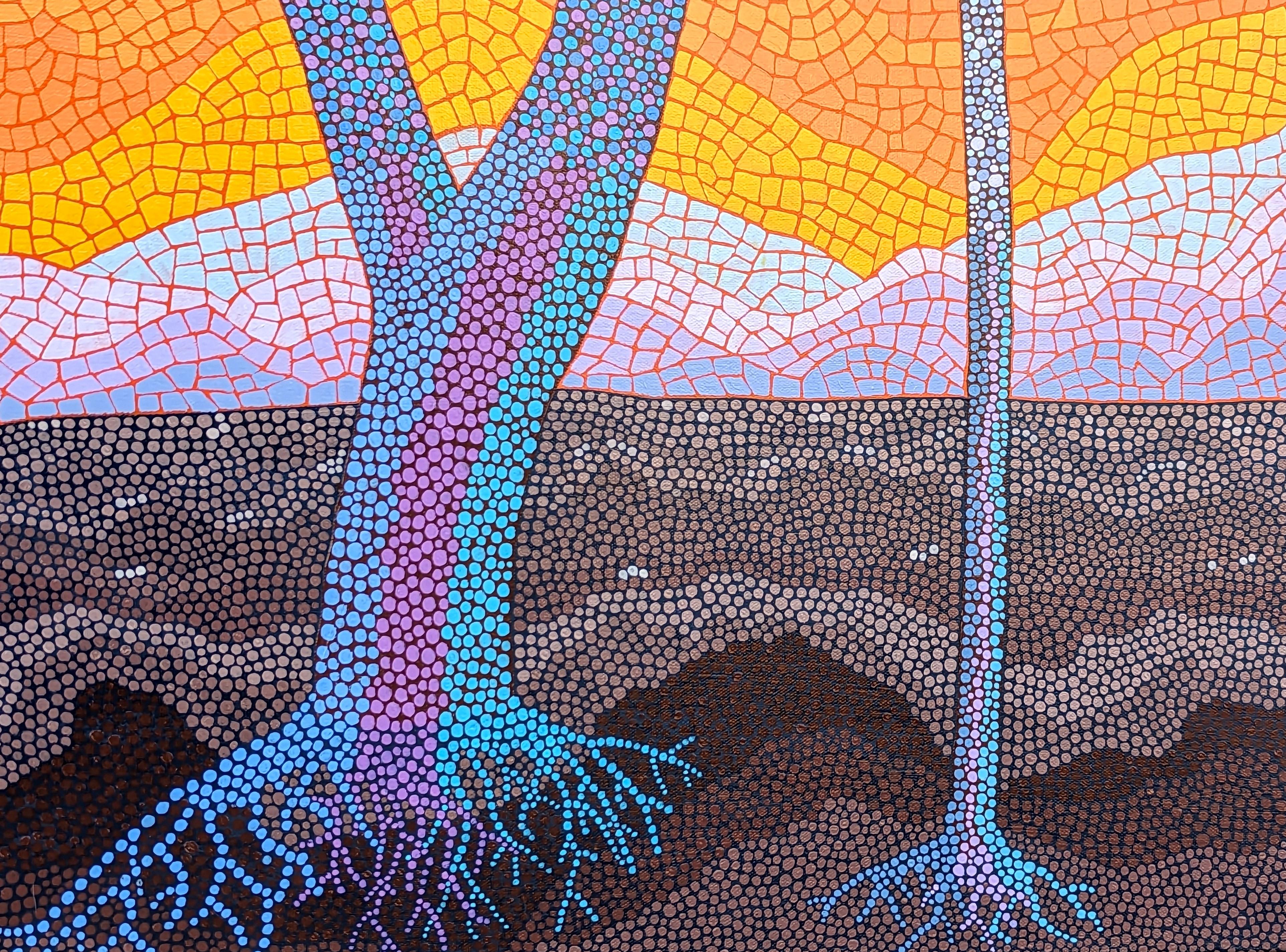 Orange, yellow, purple, and dark brown abstract mosaic-style painting by Houston, TX artist Marguerite Baldwin. The painting depicts a desert landscape with bare blue trees against a sunset and a mountainous backdrop. The piece is intricately done