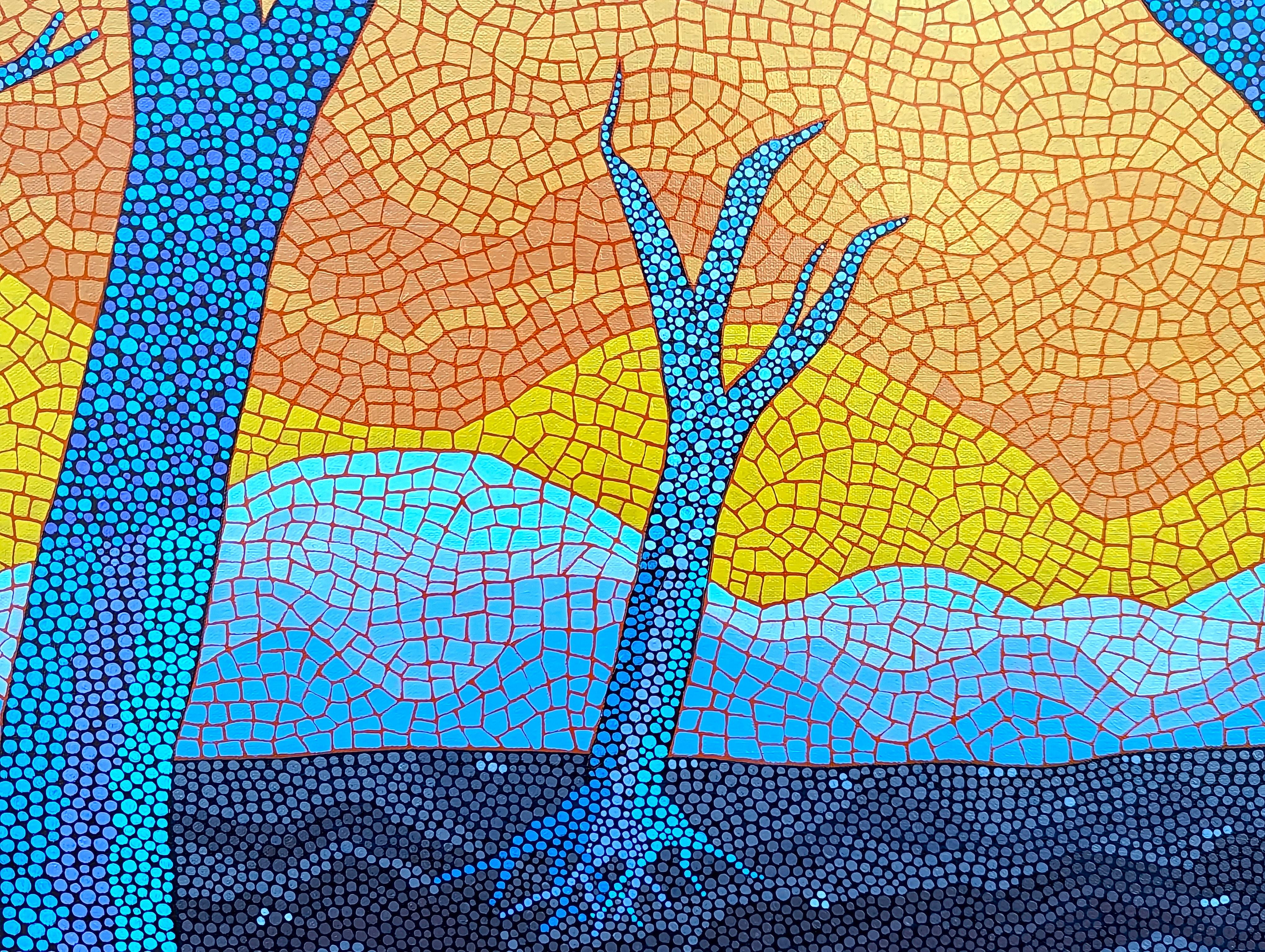 « I Love Trees #4 » - Peinture abstraite aux tons chauds d'arbres du désert de style mosaïque en vente 3