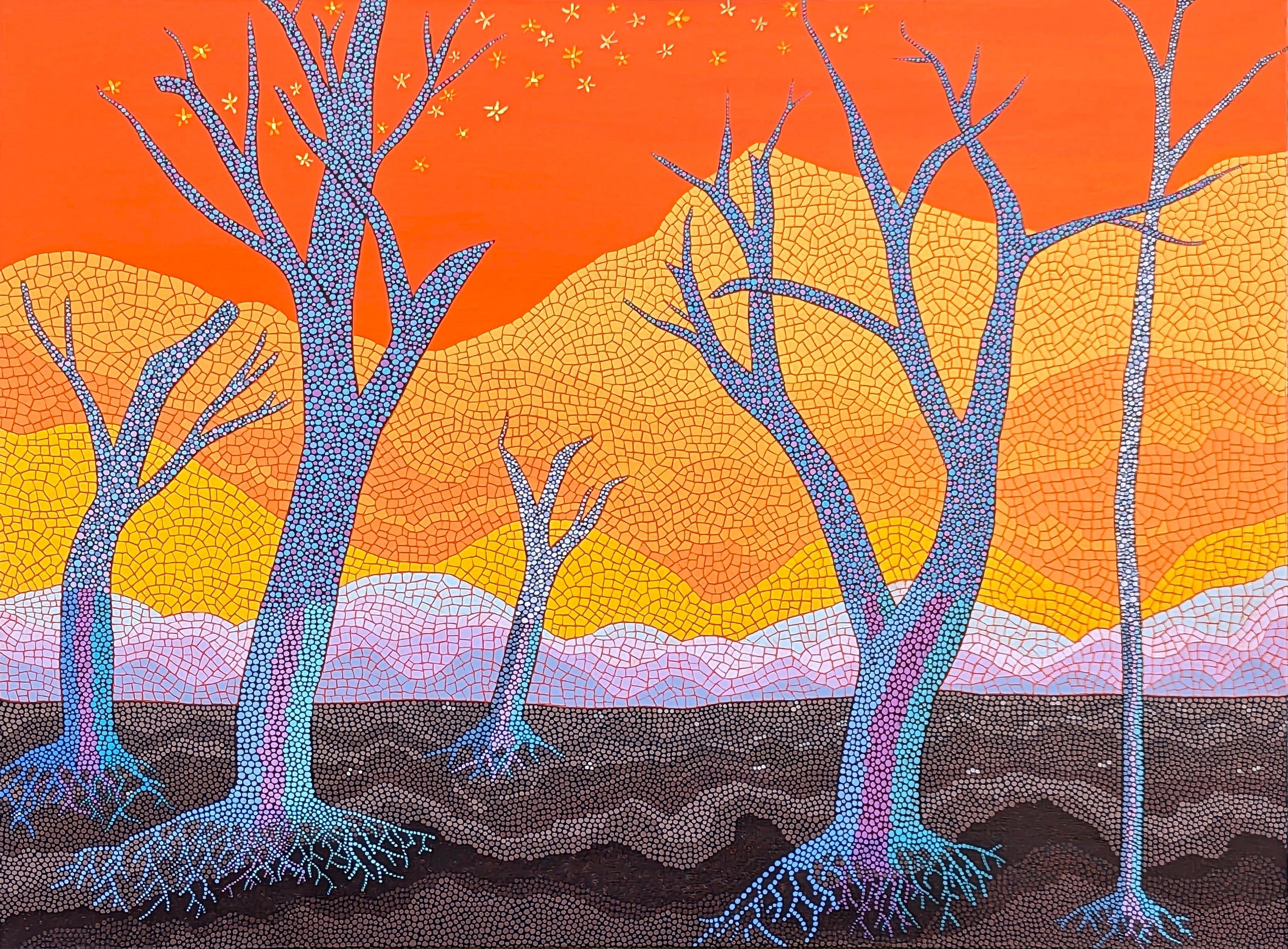 Landscape Painting Marguerite Baldwin - « I Love Trees #4 » - Peinture abstraite aux tons chauds d'arbres du désert de style mosaïque