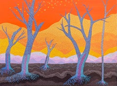 „I Love Trees #4“ warm getönte abstrakte Bäume im Wüstenmosaik-Stil Gemälde