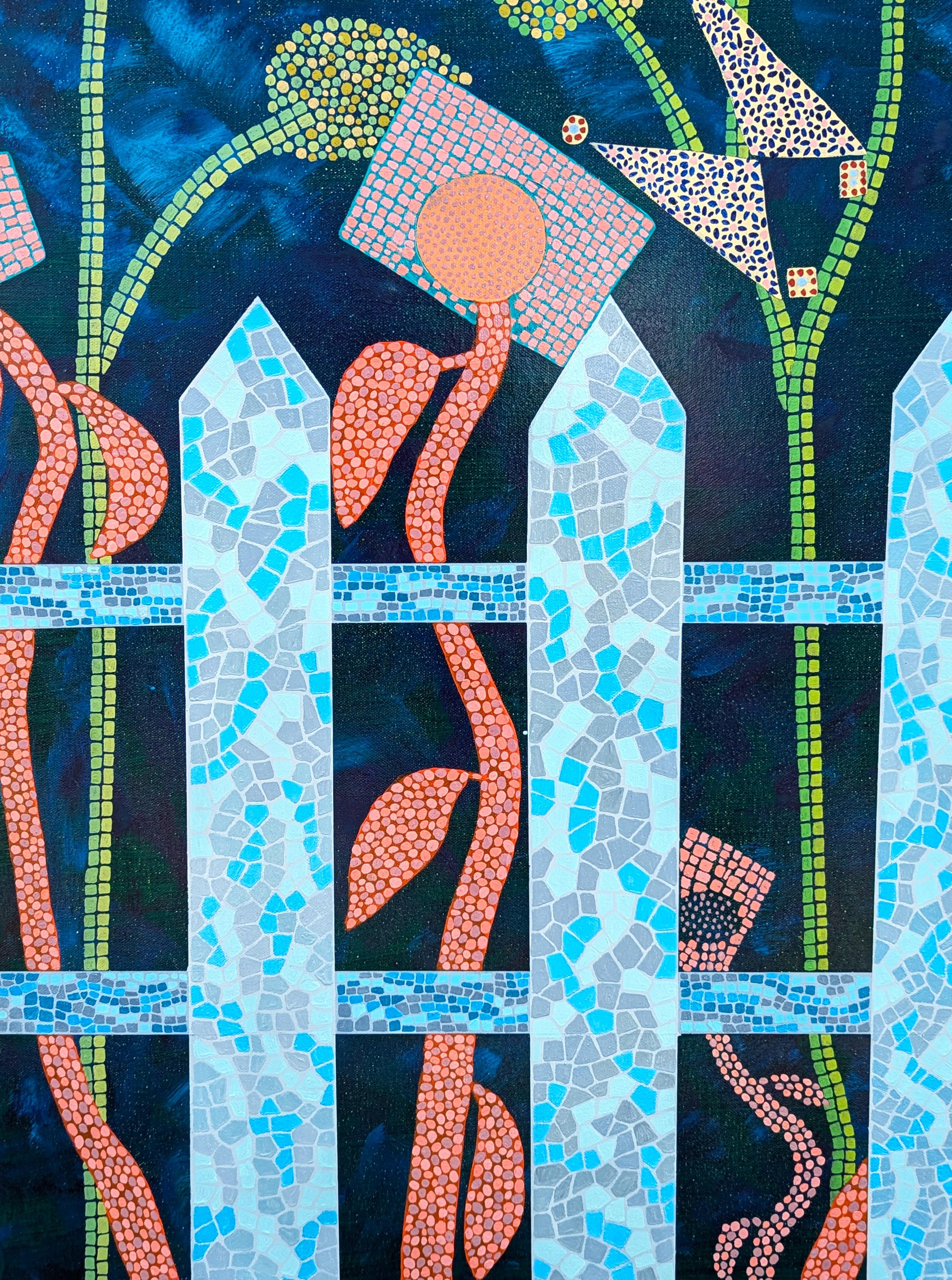 Pintura abstracta azul, verde, amarilla y melocotón de la artista Marguerite Baldwin de Houston, TX. El cuadro representa un vibrante jardín con mariposas y animales salvajes detrás de una valla. Cada 