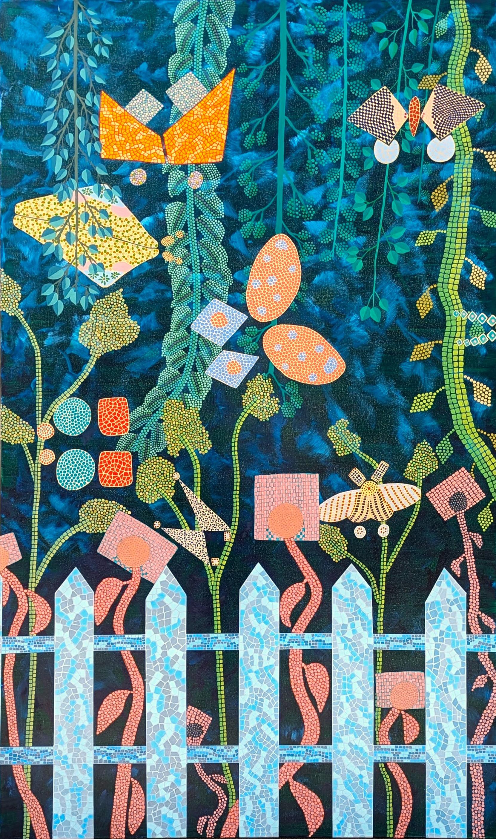 Abstract Painting de Marguerite Baldwin - "Mi Jardín Extraterrestre" Pintura Geométrica Abstracta de Colores Estilo Mosaico de la Naturaleza
