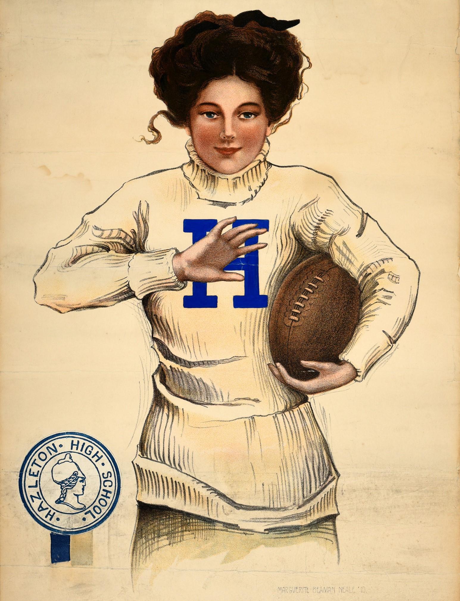 Affiche de sport universitaire originale et ancienne pour la Hazleton High School, avec une illustration d'une jeune femme tenant un ballon de football américain avec la lettre H en gras sur le dessus, le logo de l'école sur le côté en dessous.