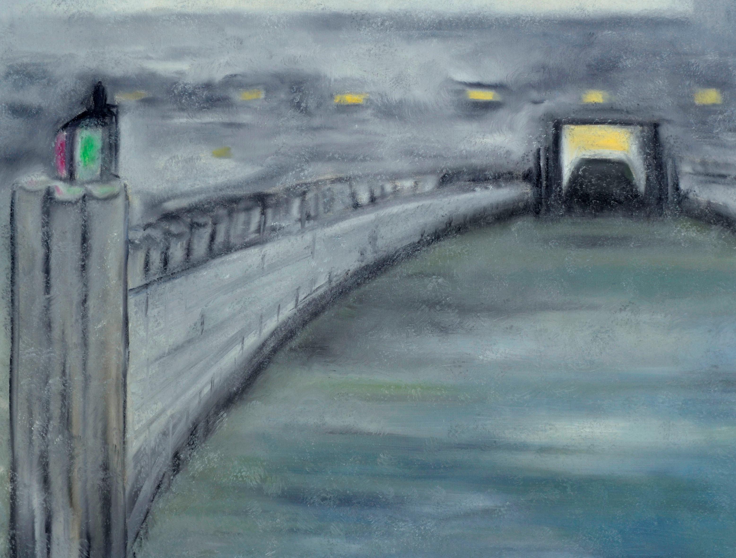 Sera sul molo guardando il tunnel - Paesaggio astratto di metà secolo - Painting di Marguerite Blasingame