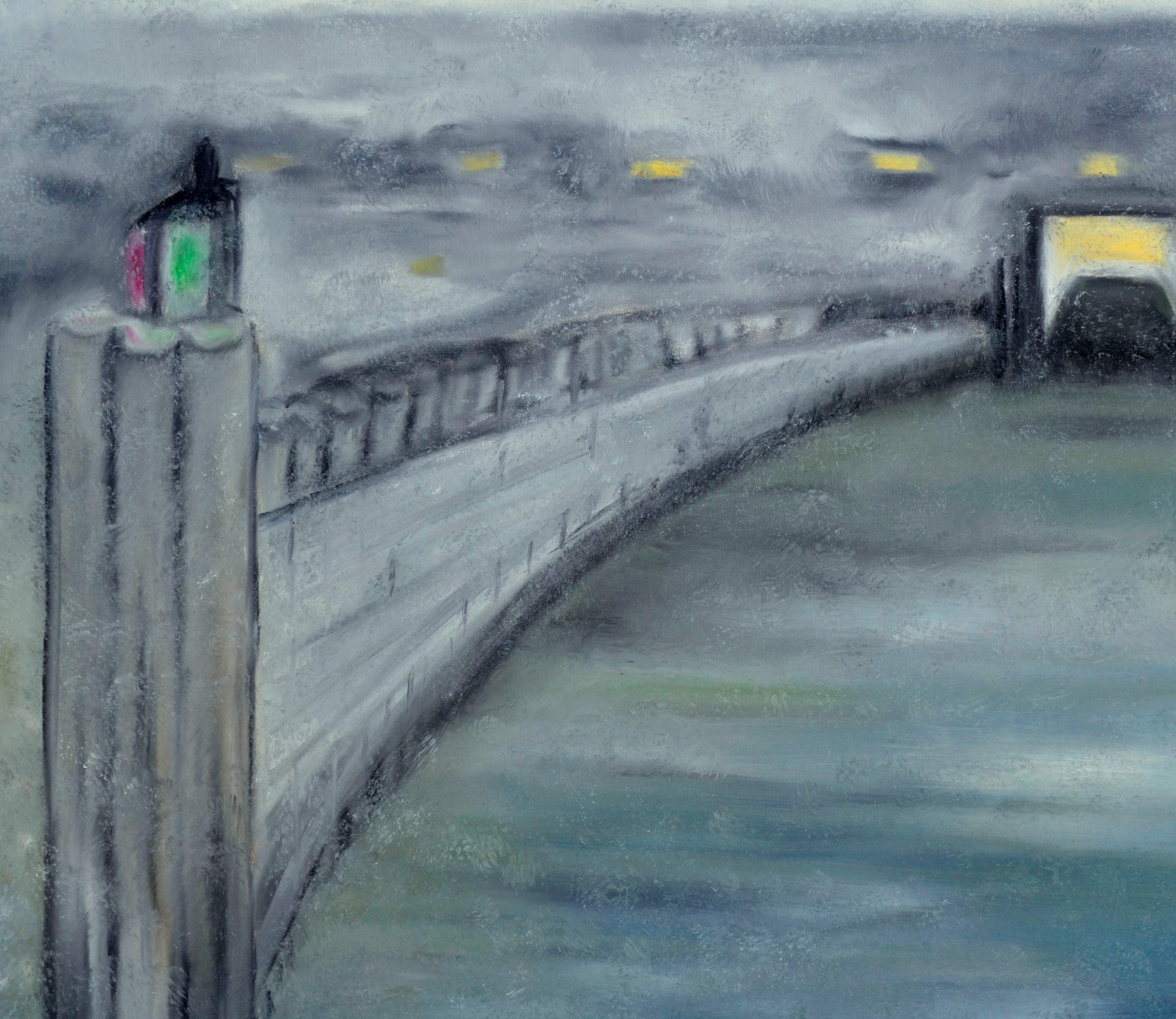 Sera sul molo guardando il tunnel - Paesaggio astratto di metà secolo - Landscape Painting Grigio di Marguerite Blasingame