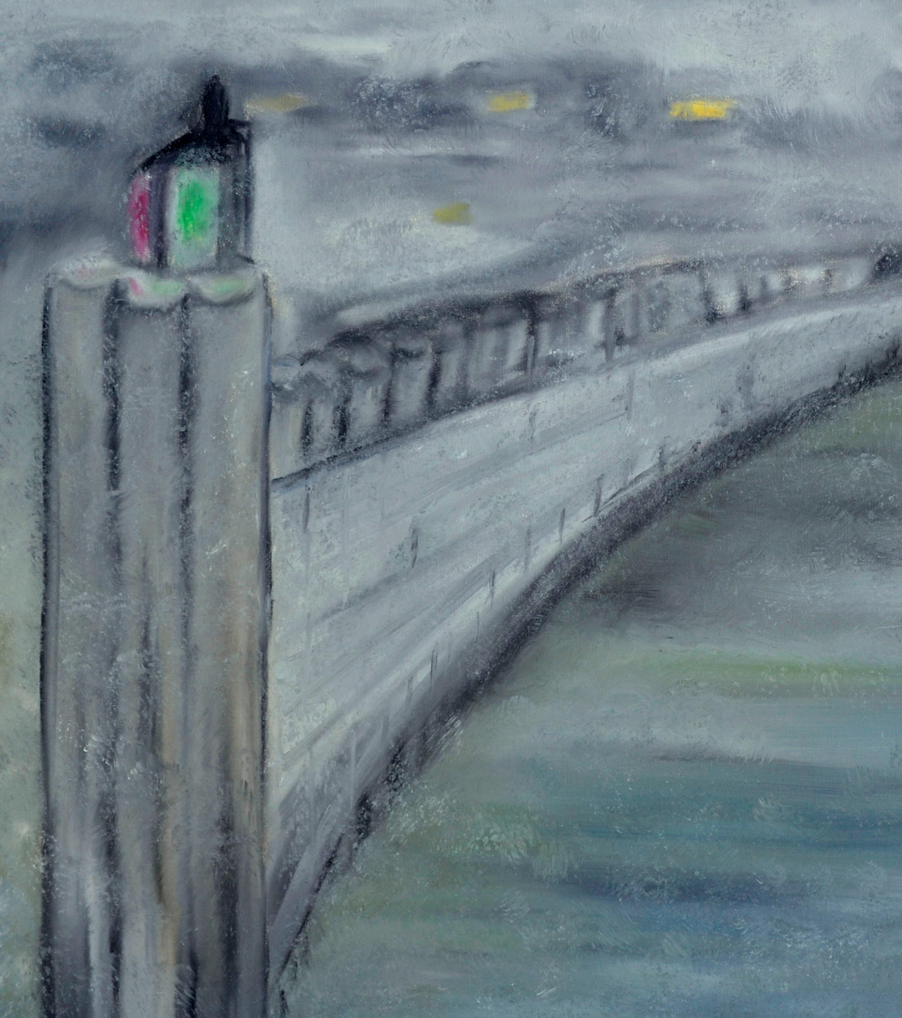 Evening on the Pier looking into the Tunnel - Mid Century Abstract Landscape  - Gray Landscape Painting by Marguerite Blasingame