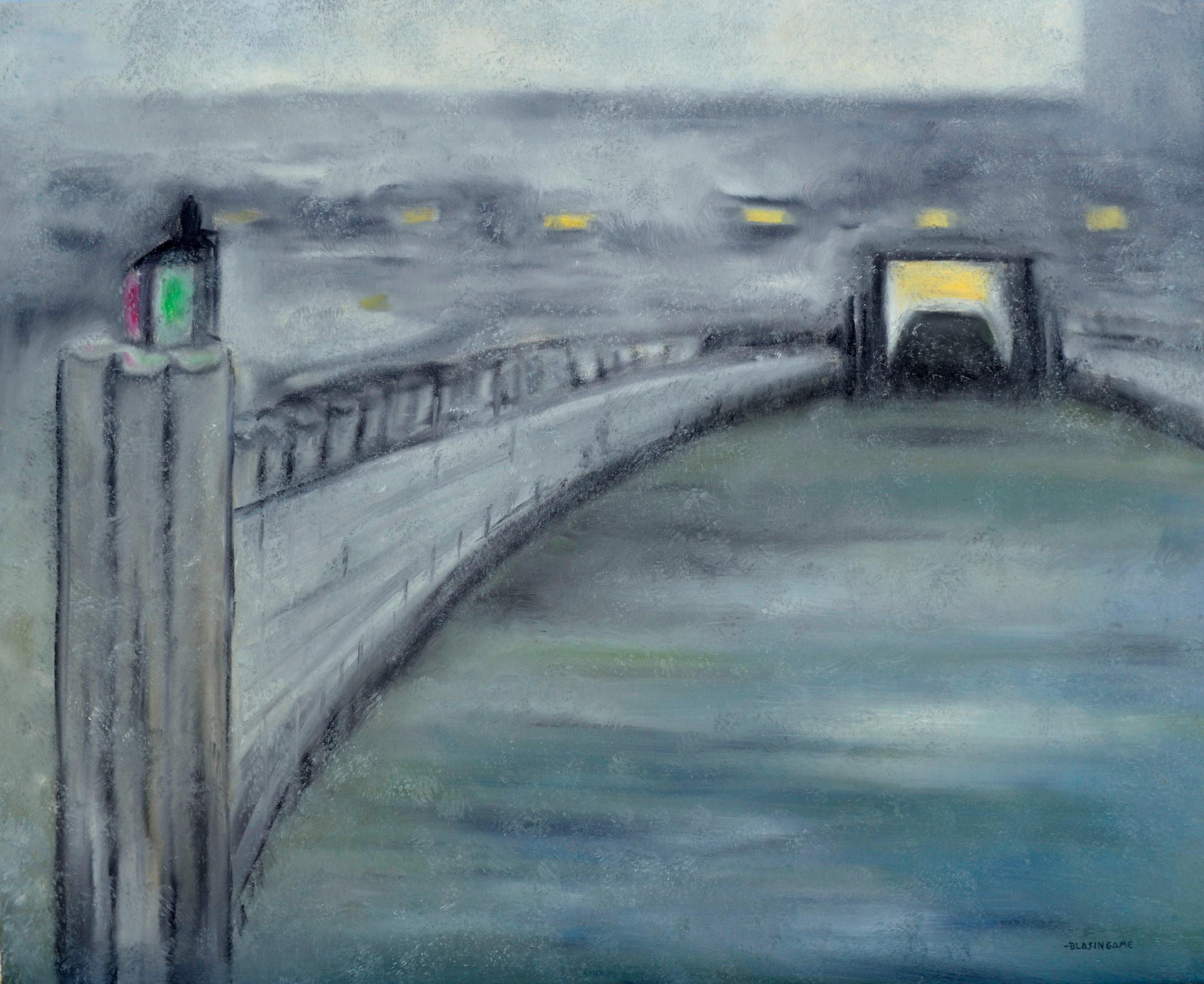 Marguerite Blasingame Landscape Painting - Evening on the Pier looking into the Tunnel - Mid Century Abstract Landscape 