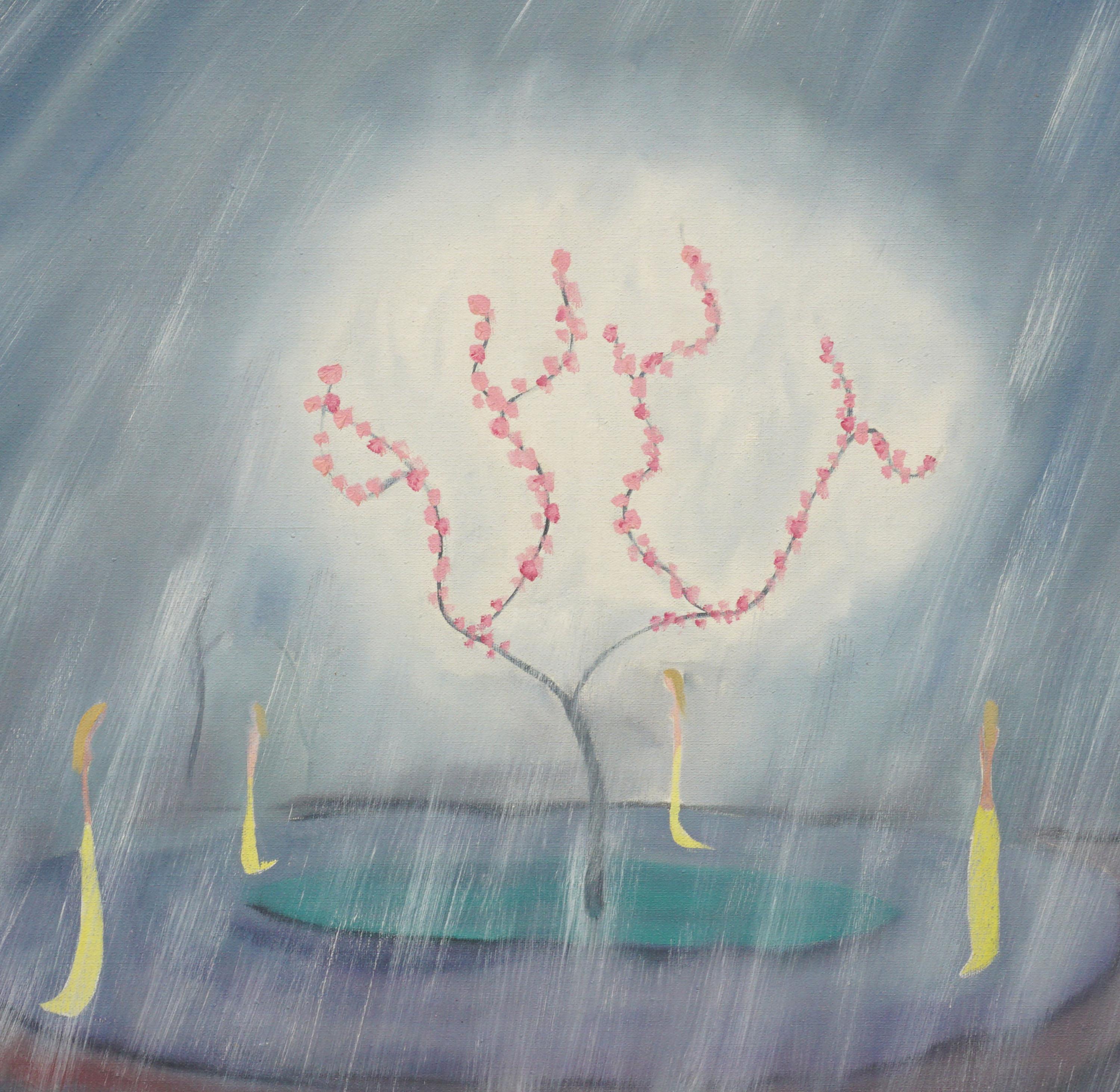 Hawaiian Symbolism Flowering Tree and Acolytes Symbolism Landscape - Painting by Marguerite Blasingame