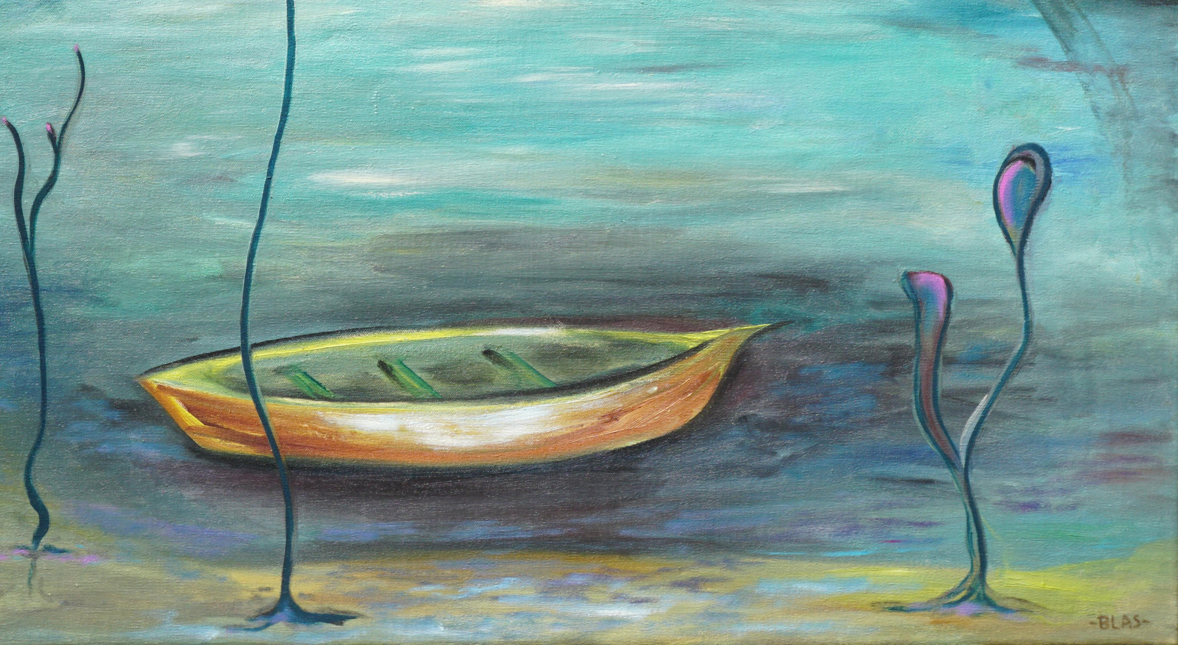 Life is But A Dream - Mid Century Hawaii Surreal Abstract Landscape with Boat - Painting by Marguerite Blasingame