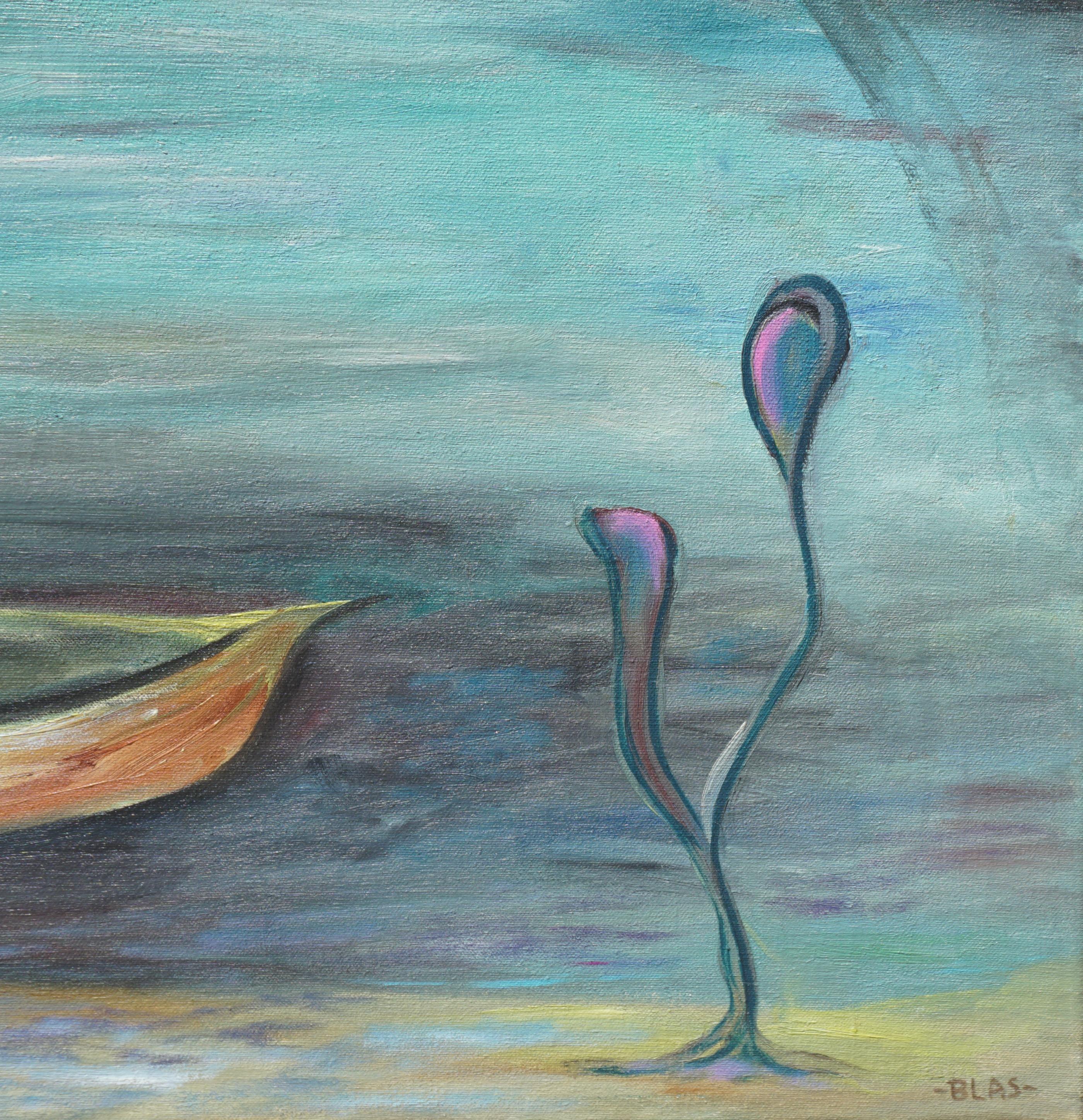 Das Leben ist aber ein Traum – Surreale abstrakte Landschaft mit Boot aus der Mitte des Jahrhunderts auf Hawaii (Surrealismus), Painting, von Marguerite Blasingame