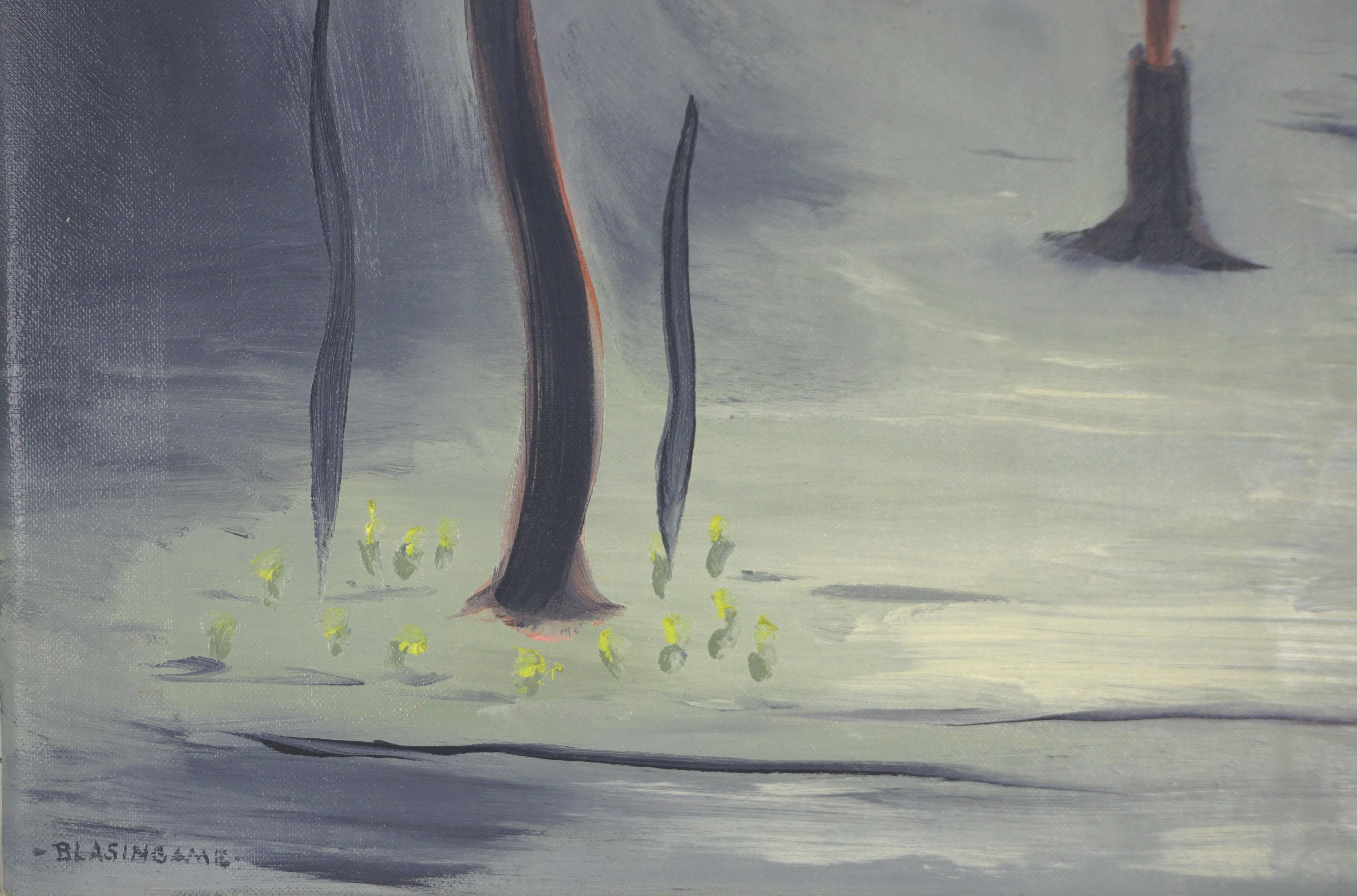 Paisaje simbólico y surrealista con un Makaula o vidente y una mujer que busca conocer su futuro, de Marguerite Louis Blasingame (estadounidense; 1906-1947), hacia 1940-45. Marguerite y su marido Frank Blasingame fueron dos de los cinco artistas de
